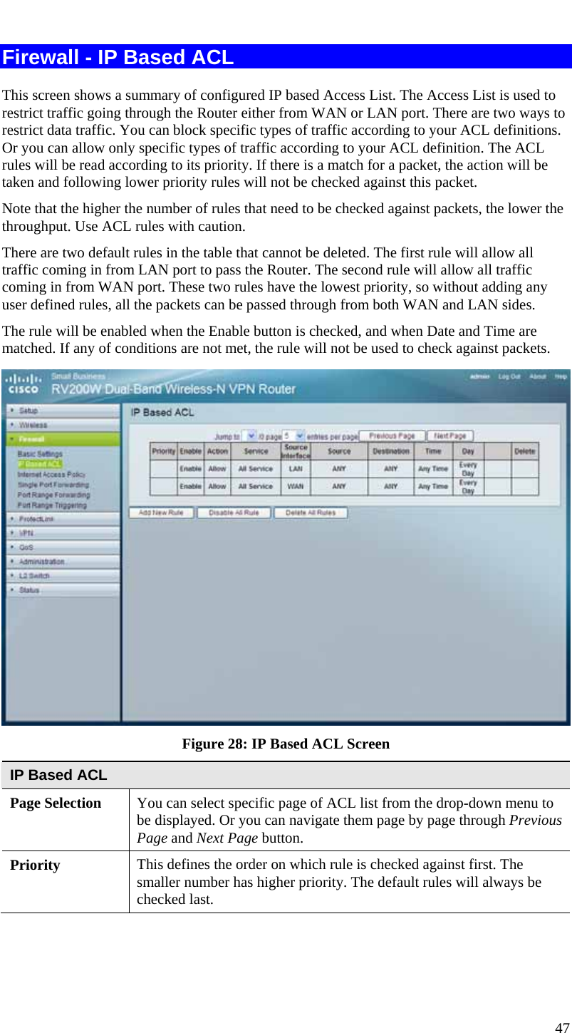  47 Firewall - IP Based ACL This screen shows a summary of configured IP based Access List. The Access List is used to restrict traffic going through the Router either from WAN or LAN port. There are two ways to restrict data traffic. You can block specific types of traffic according to your ACL definitions. Or you can allow only specific types of traffic according to your ACL definition. The ACL rules will be read according to its priority. If there is a match for a packet, the action will be taken and following lower priority rules will not be checked against this packet. Note that the higher the number of rules that need to be checked against packets, the lower the throughput. Use ACL rules with caution. There are two default rules in the table that cannot be deleted. The first rule will allow all traffic coming in from LAN port to pass the Router. The second rule will allow all traffic coming in from WAN port. These two rules have the lowest priority, so without adding any user defined rules, all the packets can be passed through from both WAN and LAN sides. The rule will be enabled when the Enable button is checked, and when Date and Time are matched. If any of conditions are not met, the rule will not be used to check against packets.   Figure 28: IP Based ACL Screen IP Based ACL Page Selection  You can select specific page of ACL list from the drop-down menu to be displayed. Or you can navigate them page by page through Previous Page and Next Page button. Priority  This defines the order on which rule is checked against first. The smaller number has higher priority. The default rules will always be checked last. 