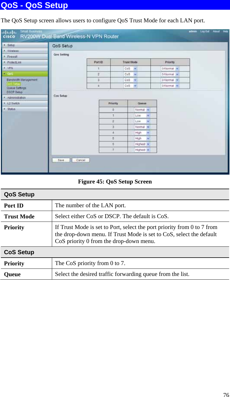  76 QoS - QoS Setup The QoS Setup screen allows users to configure QoS Trust Mode for each LAN port.   Figure 45: QoS Setup Screen QoS Setup Port ID  The number of the LAN port. Trust Mode  Select either CoS or DSCP. The default is CoS. Priority  If Trust Mode is set to Port, select the port priority from 0 to 7 from the drop-down menu. If Trust Mode is set to CoS, select the default CoS priority 0 from the drop-down menu. CoS Setup Priority  The CoS priority from 0 to 7. Queue  Select the desired traffic forwarding queue from the list.  
