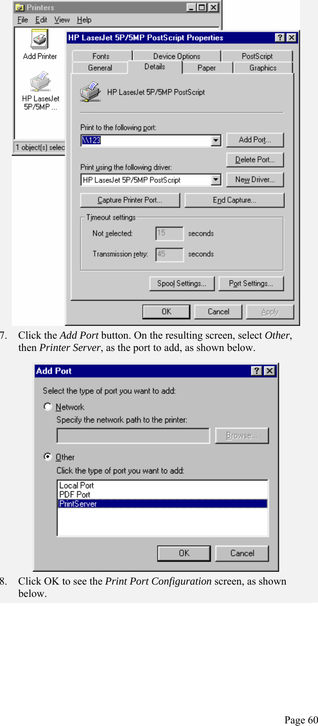  Page 60  7. Click the Add Port button. On the resulting screen, select Other, then Printer Server, as the port to add, as shown below.  8. Click OK to see the Print Port Configuration screen, as shown below. 