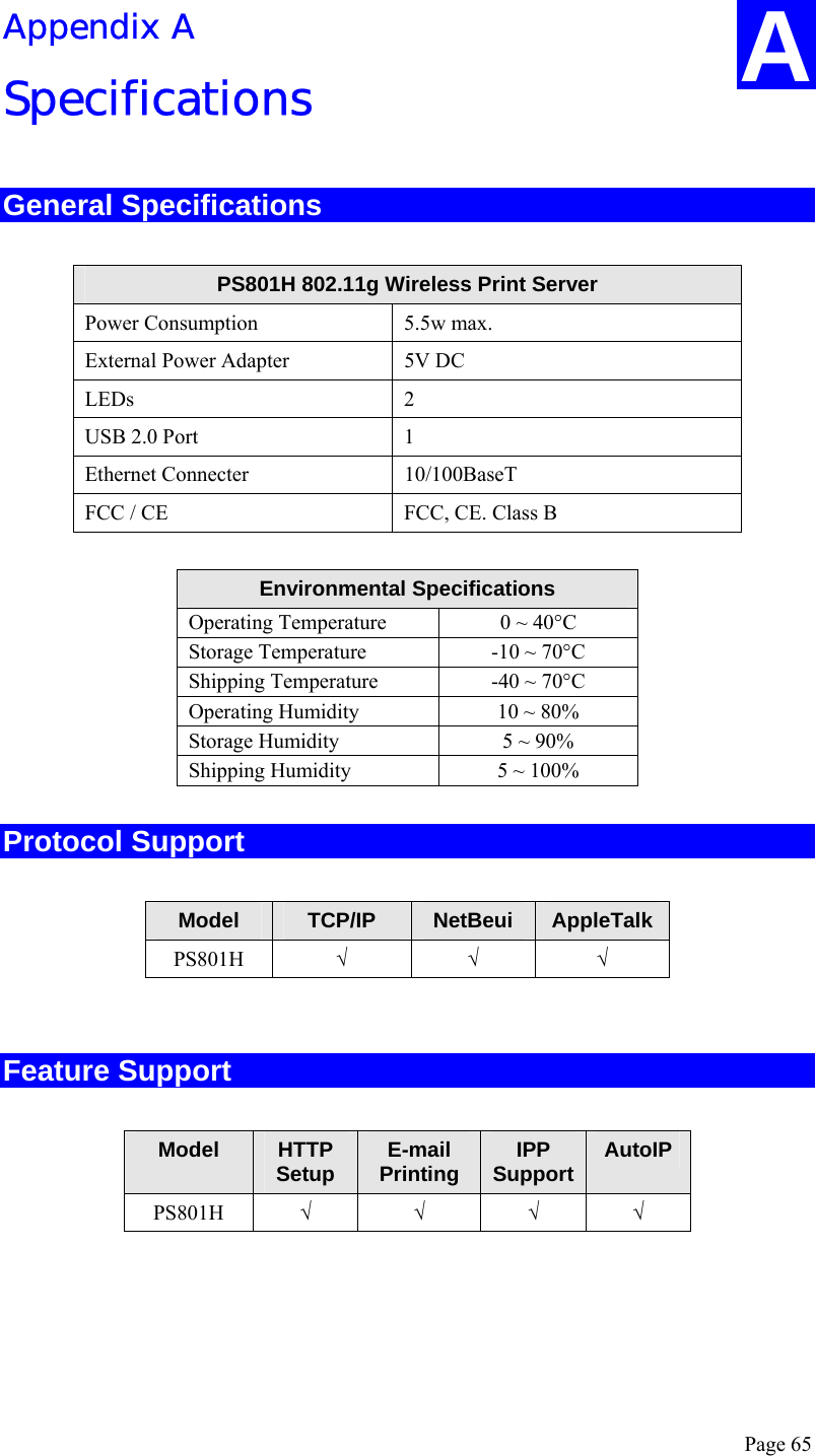  Page 65 Appendix A Specifications General Specifications  PS801H 802.11g Wireless Print Server Power Consumption  5.5w max. External Power Adapter  5V DC LEDs 2 USB 2.0 Port  1 Ethernet Connecter  10/100BaseT FCC / CE  FCC, CE. Class B  Environmental Specifications Operating Temperature  0 ~ 40°C Storage Temperature  -10 ~ 70°C Shipping Temperature  -40 ~ 70°C Operating Humidity  10 ~ 80% Storage Humidity  5 ~ 90% Shipping Humidity  5 ~ 100% Protocol Support  Model  TCP/IP  NetBeui  AppleTalk PS801H  √ √ √  Feature Support  Model  HTTP Setup  E-mail Printing  IPP Support AutoIP PS801H  √ √ √ √  A