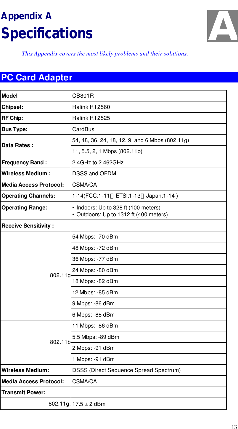  13 Appendix A Specifications This Appendix covers the most likely problems and their solutions. PC Card Adapter Model CB801R Chipset: Ralink RT2560 RF Chip: Ralink RT2525 Bus Type:  CardBus 54, 48, 36, 24, 18, 12, 9, and 6 Mbps (802.11g) Data Rates : 11, 5.5, 2, 1 Mbps (802.11b) Frequency Band :  2.4GHz to 2.462GHz Wireless Medium :  DSSS and OFDM Media Access Protocol:  CSMA/CA Operating Channels:  1-14(FCC:1-11、ETSI:1-13、Japan:1-14 ) Operating Range:  • Indoors: Up to 328 ft (100 meters)  • Outdoors: Up to 1312 ft (400 meters)  Receive Sensitivity :     54 Mbps: -70 dBm 48 Mbps: -72 dBm 36 Mbps: -77 dBm 24 Mbps: -80 dBm 18 Mbps: -82 dBm 12 Mbps: -85 dBm 9 Mbps: -86 dBm 802.11g6 Mbps: -88 dBm 11 Mbps: -86 dBm 5.5 Mbps: -89 dBm 2 Mbps: -91 dBm 802.11b1 Mbps: -91 dBm Wireless Medium:  DSSS (Direct Sequence Spread Spectrum) Media Access Protocol:  CSMA/CA Transmit Power:     802.11g: 17.5 ± 2 dBm A 
