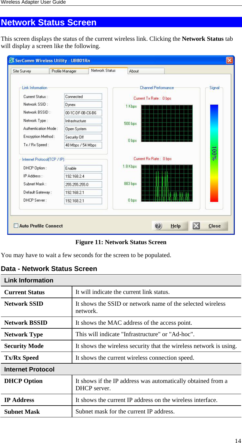 Wireless Adapter User Guide 14 Network Status Screen This screen displays the status of the current wireless link. Clicking the Network Status tab will display a screen like the following.  Figure 11: Network Status Screen You may have to wait a few seconds for the screen to be populated. Data - Network Status Screen Link Information Current Status  It will indicate the current link status. Network SSID  It shows the SSID or network name of the selected wireless network. Network BSSID  It shows the MAC address of the access point. Network Type  This will indicate &quot;Infrastructure&quot; or &quot;Ad-hoc&quot;. Security Mode  It shows the wireless security that the wireless network is using. Tx/Rx Speed  It shows the current wireless connection speed. Internet Protocol DHCP Option  It shows if the IP address was automatically obtained from a DHCP server. IP Address  It shows the current IP address on the wireless interface. Subnet Mask  Subnet mask for the current IP address. 