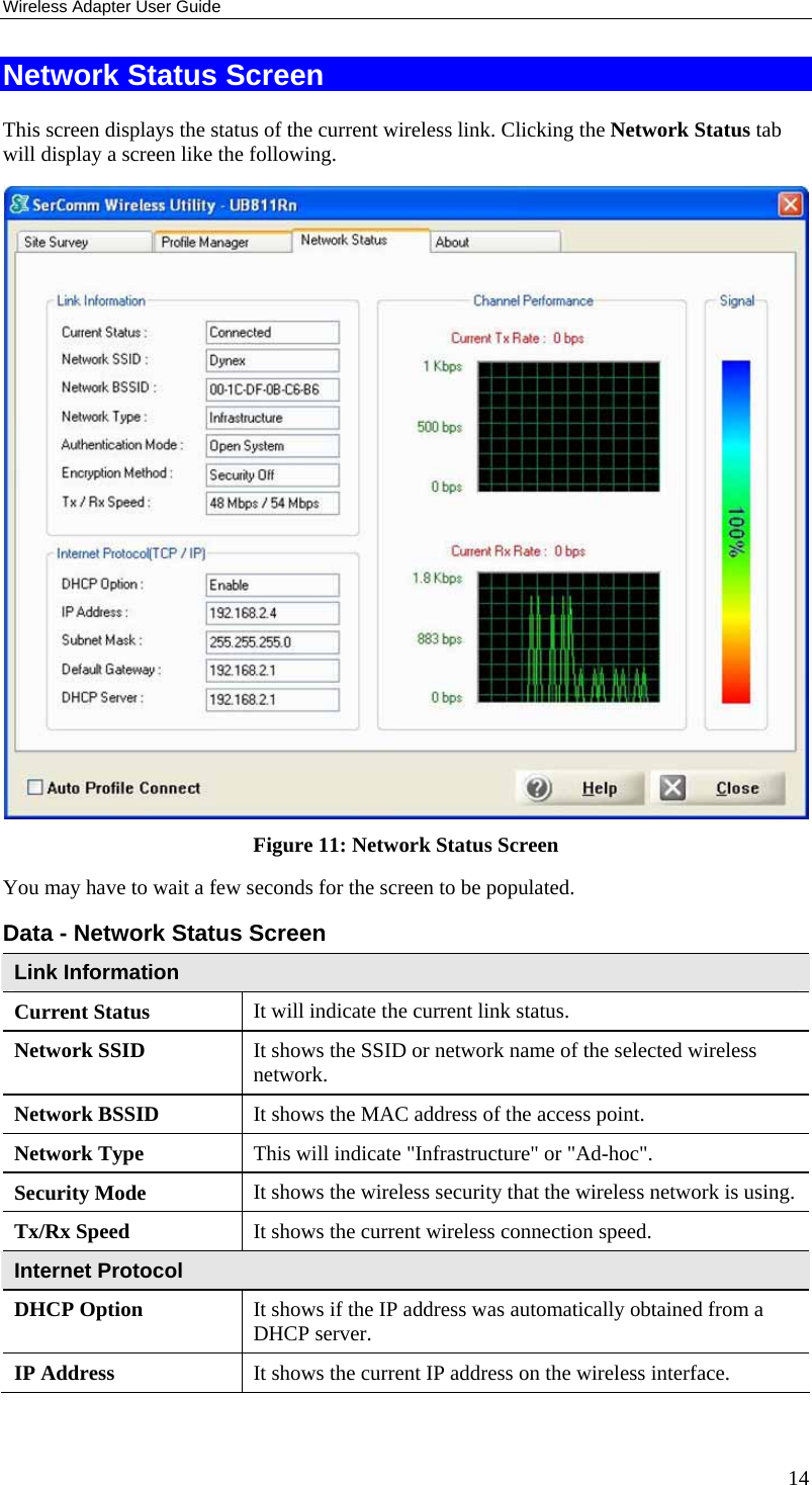 Wireless Adapter User Guide 14 Network Status Screen This screen displays the status of the current wireless link. Clicking the Network Status tab will display a screen like the following.  Figure 11: Network Status Screen You may have to wait a few seconds for the screen to be populated. Data - Network Status Screen Link Information Current Status  It will indicate the current link status. Network SSID  It shows the SSID or network name of the selected wireless network. Network BSSID  It shows the MAC address of the access point. Network Type  This will indicate &quot;Infrastructure&quot; or &quot;Ad-hoc&quot;. Security Mode  It shows the wireless security that the wireless network is using. Tx/Rx Speed  It shows the current wireless connection speed. Internet Protocol DHCP Option  It shows if the IP address was automatically obtained from a DHCP server. IP Address  It shows the current IP address on the wireless interface. 
