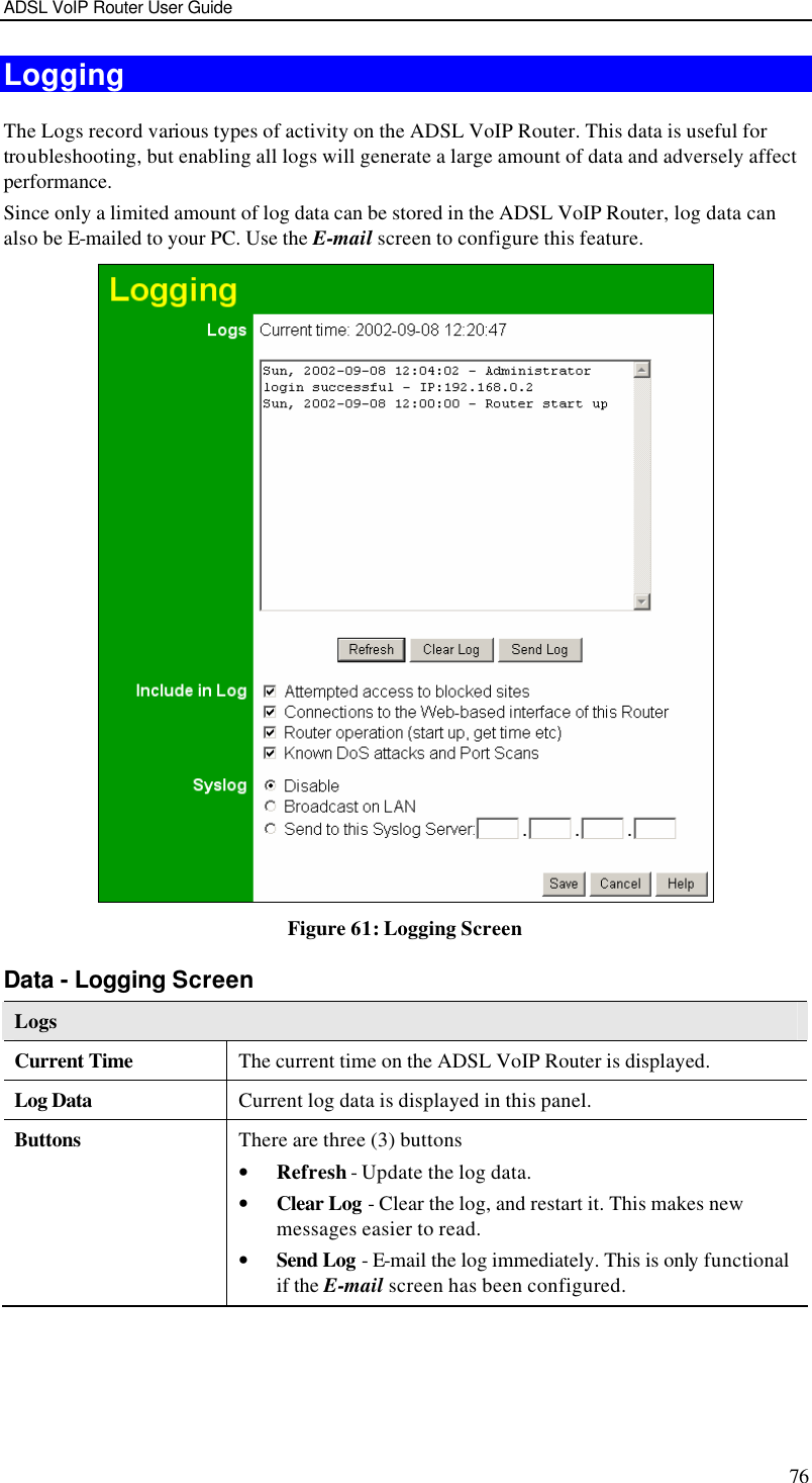 ADSL VoIP Router User Guide 76 Logging The Logs record various types of activity on the ADSL VoIP Router. This data is useful for troubleshooting, but enabling all logs will generate a large amount of data and adversely affect performance. Since only a limited amount of log data can be stored in the ADSL VoIP Router, log data can also be E-mailed to your PC. Use the E-mail screen to configure this feature.  Figure 61: Logging Screen Data - Logging Screen Logs Current Time The current time on the ADSL VoIP Router is displayed. Log Data Current log data is displayed in this panel. Buttons There are three (3) buttons • Refresh - Update the log data. • Clear Log - Clear the log, and restart it. This makes new messages easier to read. • Send Log - E-mail the log immediately. This is only functional if the E-mail screen has been configured. 