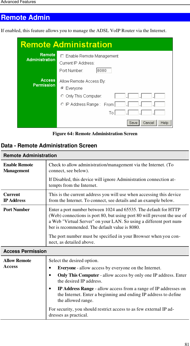 Advanced Features 81 Remote Admin If enabled, this feature allows you to manage the ADSL VoIP Router via the Internet.      Figure 64: Remote Administration Screen Data - Remote Administration Screen Remote Administration Enable Remote Management Check to allow administration/management via the Internet. (To connect, see below).  If Disabled, this device will ignore Administration connection at-tempts from the Internet. Current  IP Address This is the current address you will use when accessing this device from the Internet. To connect, see details and an example below. Port Number Enter a port number between 1024 and 65535. The default for HTTP (Web) connections is port 80, but using port 80 will prevent the use of a Web &quot;Virtual Server&quot; on your LAN. So using a different port num-ber is recommended. The default value is 8080.  The port number must be specified in your Browser when you con-nect, as detailed above. Access Permission Allow Remote Access Select the desired option.  • Everyone - allow access by everyone on the Internet.  • Only This Computer - allow access by only one IP address. Enter the desired IP address.  • IP Address Range - allow access from a range of IP addresses on the Internet. Enter a beginning and ending IP address to define the allowed range.  For security, you should restrict access to as few external IP ad-dresses as practical.  