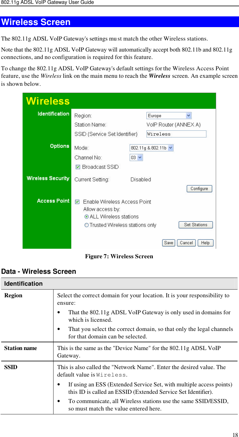 802.11g ADSL VoIP Gateway User Guide 18 Wireless Screen The 802.11g ADSL VoIP Gateway&apos;s settings mu st match the other Wireless stations.  Note that the 802.11g ADSL VoIP Gateway will automatically accept both 802.11b and 802.11g connections, and no configuration is required for this feature. To change the 802.11g ADSL VoIP Gateway&apos;s default settings for the Wireless Access Point feature, use the Wireless link on the main menu to reach the Wireless screen. An example screen is shown below.  Figure 7: Wireless Screen Data - Wireless Screen Identification Region Select the correct domain for your location. It is your responsibility to ensure: • That the 802.11g ADSL VoIP Gateway is only used in domains for which is licensed. • That you select the correct domain, so that only the legal channels for that domain can be selected. Station name This is the same as the &quot;Device Name&quot; for the 802.11g ADSL VoIP Gateway. SSID This is also called the &quot;Network Name&quot;. Enter the desired value. The default value is Wireless.  • If using an ESS (Extended Service Set, with multiple access points) this ID is called an ESSID (Extended Service Set Identifier). • To communicate, all Wireless stations use the same SSID/ESSID, so must match the value entered here. 
