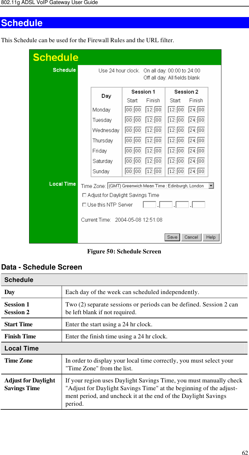 802.11g ADSL VoIP Gateway User Guide 62 Schedule This Schedule can be used for the Firewall Rules and the URL filter.    Figure 50: Schedule Screen Data - Schedule Screen Schedule Day Each day of the week can scheduled independently. Session 1 Session 2 Two (2) separate sessions or periods can be defined. Session 2 can be left blank if not required. Start Time Enter the start using a 24 hr clock. Finish Time Enter the finish time using a 24 hr clock. Local Time Time Zone In order to display your local time correctly, you must select your &quot;Time Zone&quot; from the list. Adjust for Daylight Savings Time If your region uses Daylight Savings Time, you must manually check &quot;Adjust for Daylight Savings Time&quot; at the beginning of the adjust-ment period, and uncheck it at the end of the Daylight Savings period. 