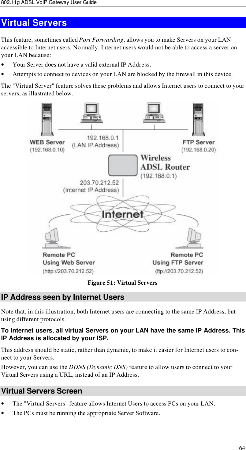 802.11g ADSL VoIP Gateway User Guide 64 Virtual Servers This feature, sometimes called Port Forwarding, allows you to make Servers on your LAN accessible to Internet users. Normally, Internet users would not be able to access a server on your LAN because: • Your Server does not have a valid external IP Address. • Attempts to connect to devices on your LAN are blocked by the firewall in this device. The &quot;Virtual Server&quot; feature solves these problems and allows Internet users to connect to your servers, as illustrated below.  Figure 51: Virtual Servers IP Address seen by Internet Users Note that, in this illustration, both Internet users are connecting to the same IP Address, but using different protocols. To Internet users, all virtual Servers on your LAN have the same IP Address. This IP Address is allocated by your ISP. This address should be static, rather than dynamic, to make it easier for Internet users to con-nect to your Servers. However, you can use the DDNS (Dynamic DNS) feature to allow users to connect to your Virtual Servers using a URL, instead of an IP Address. Virtual Servers Screen • The &quot;Virtual Servers&quot; feature allows Internet Users to access PCs on your LAN.  • The PCs must be running the appropriate Server Software.  