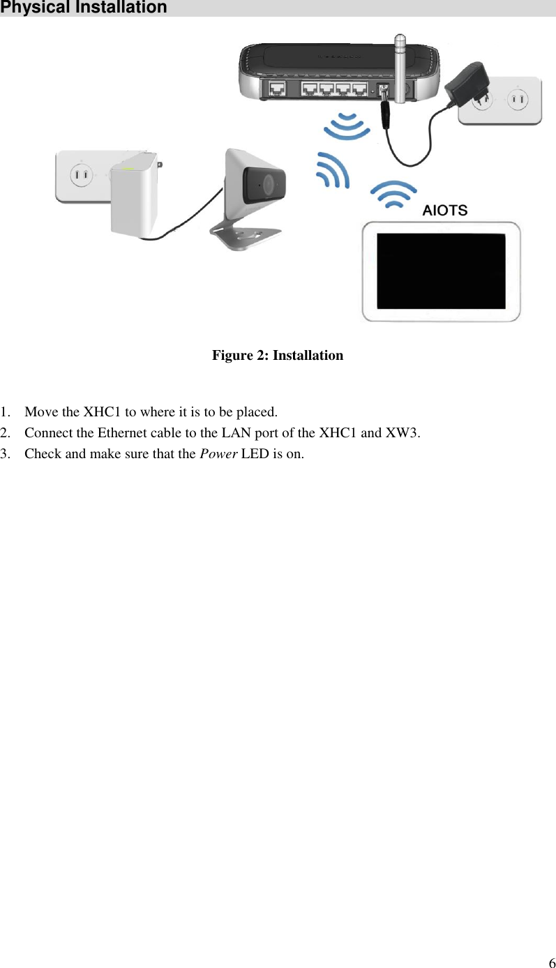  6 Physical Installation  Figure 2: Installation  1. Move the XHC1 to where it is to be placed. 2. Connect the Ethernet cable to the LAN port of the XHC1 and XW3. 3. Check and make sure that the Power LED is on.      