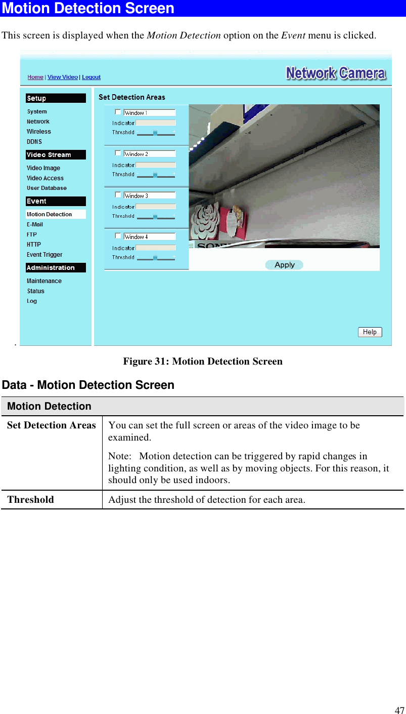  47 Motion Detection Screen This screen is displayed when the Motion Detection option on the Event menu is clicked. .   Figure 31: Motion Detection Screen Data - Motion Detection Screen Motion Detection Set Detection Areas  You can set the full screen or areas of the video image to be examined.  Note:   Motion detection can be triggered by rapid changes in lighting condition, as well as by moving objects. For this reason, it should only be used indoors. Threshold Adjust the threshold of detection for each area.   