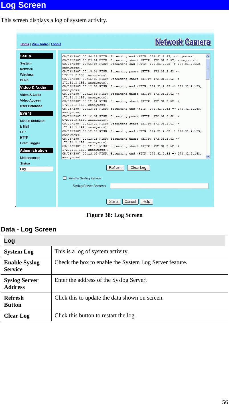  56 Log Screen This screen displays a log of system activity. . Figure 38: Log Screen Data - Log Screen Log System Log  This is a log of system activity. Enable Syslog Service  Check the box to enable the System Log Server feature. Syslog Server Address  Enter the address of the Syslog Server. Refresh Button  Click this to update the data shown on screen. Clear Log  Click this button to restart the log. 