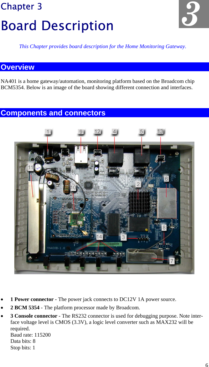  3 Chapter 3 Board Description This Chapter provides board description for the Home Monitoring Gateway. Overview NA401 is a home gateway/automation, monitoring platform based on the Broadcom chip BCM5354. Below is an image of the board showing different connection and interfaces.  Components and connectors  •  1 Power connector - The power jack connects to DC12V 1A power source. •  2 BCM 5354 - The platform processor made by Broadcom. •  3 Console connector - The RS232 connector is used for debugging purpose. Note inter-face voltage level is CMOS (3.3V), a logic level converter such as MAX232 will be required. Baud rate: 115200 Data bits: 8 Stop bits: 1 6 
