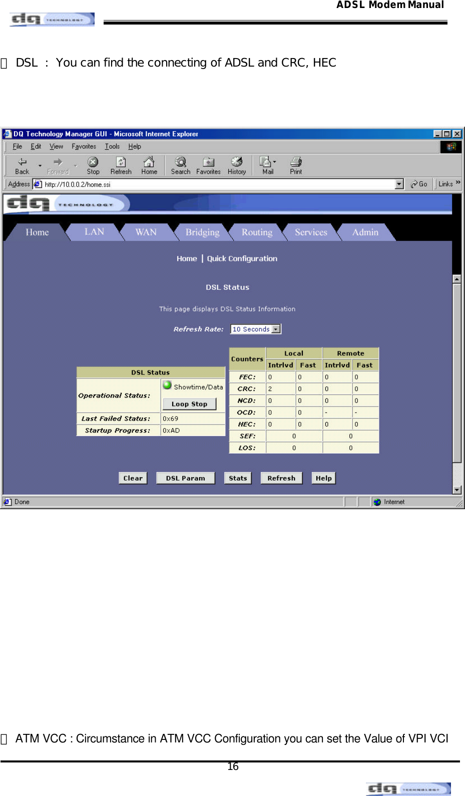                                                                                                                                               16 ADSL Modem Manual⑵ DSL  :  You can find the connecting of ADSL and CRC, HEC             ⑶ ATM VCC : Circumstance in ATM VCC Configuration you can set the Value of VPI VCI 