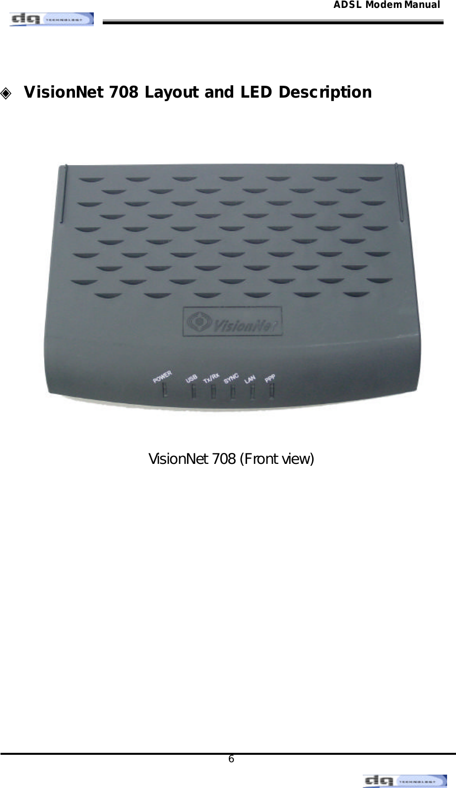                                                                                                                                               6 ADSL Modem Manual ◈ VisionNet 708 Layout and LED Description      VisionNet 708 (Front view)             