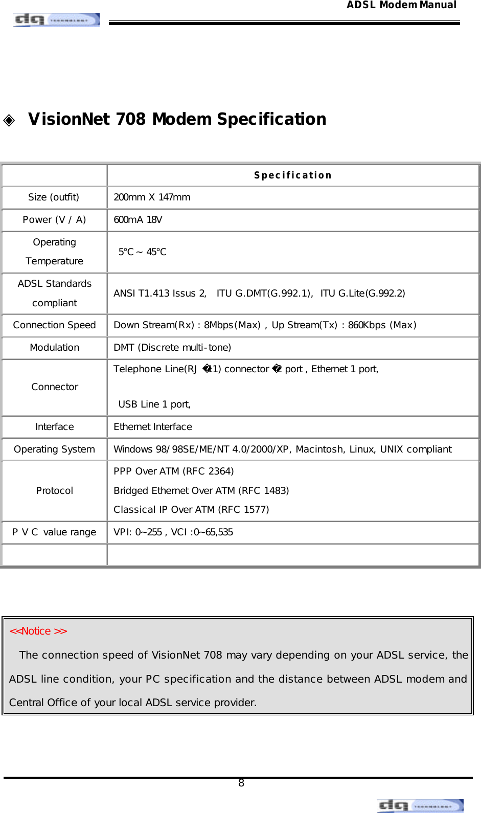                                                                                                                                               8 ADSL Modem Manual  ◈ VisionNet 708 Modem Specification   Specification Size (outfit)  200mm X 147mm Power (V / A)  600mA 18V  Operating Temperature   5℃ ~ 45℃ ADSL Standards compliant  ANSI T1.413 Issus 2,  ITU G.DMT(G.992.1),  ITU G.Lite(G.992.2)  Connection Speed  Down Stream(Rx) : 8Mbps(Max) , Up Stream(Tx) : 860Kbps (Max) Modulation  DMT (Discrete multi-tone) Connector  Telephone Line(RJ 11) connector 2 port , Ethernet 1 port,  USB Line 1 port,  Interface  Ethernet Interface Operating System  Windows 98/98SE/ME/NT 4.0/2000/XP, Macintosh, Linux, UNIX compliant Protocol  PPP Over ATM (RFC 2364)   Bridged Ethernet Over ATM (RFC 1483)   Classical IP Over ATM (RFC 1577)  P V C value range  VPI: 0~255 , VCI :0~65,535      &lt;&lt;Notice &gt;&gt; The connection speed of VisionNet 708 may vary depending on your ADSL service, the ADSL line condition, your PC specification and the distance between ADSL modem and Central Office of your local ADSL service provider.   