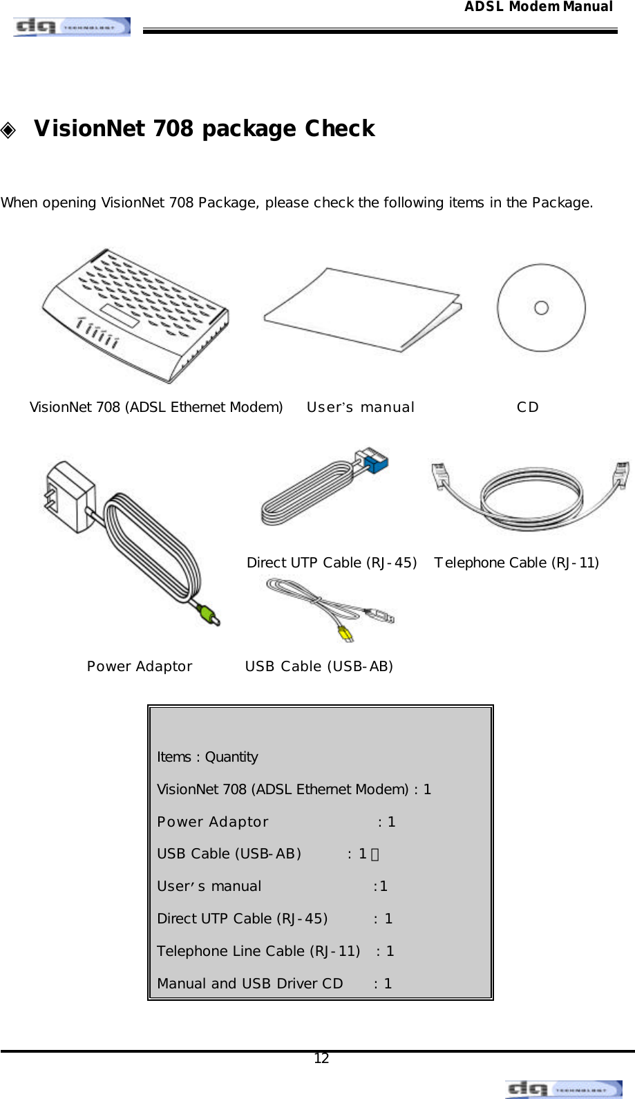                                                                                                                                               12 ADSL Modem Manual ◈ VisionNet 708 package Check    When opening VisionNet 708 Package, please check the following items in the Package.       VisionNet 708 (ADSL Ethernet Modem)    User’s manual                 CD         Direct UTP Cable (RJ-45)   Telephone Cable (RJ-11)    Power Adaptor          USB Cable (USB-AB)   Items : Quantity VisionNet 708 (ADSL Ethernet Modem) : 1 Power Adaptor                   : 1 USB Cable (USB-AB)        : 1 개 User’s manual                  :1 Direct UTP Cable (RJ-45)        : 1 Telephone Line Cable (RJ-11)   : 1 Manual and USB Driver CD      : 1  