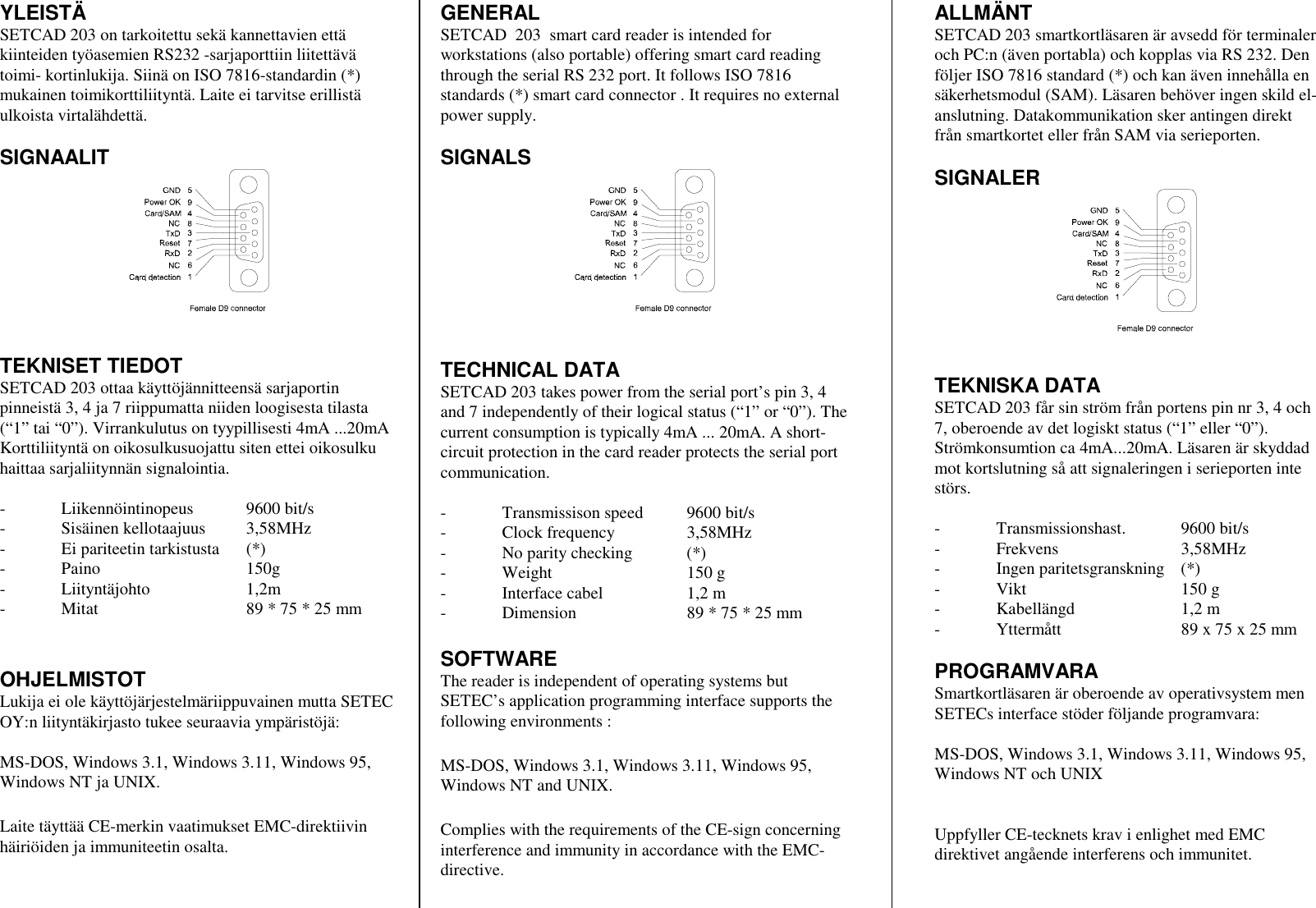 YLEISTÄSETCAD 203 on tarkoitettu sekä kannettavien ettäkiinteiden työasemien RS232 -sarjaporttiin liitettävätoimi- kortinlukija. Siinä on ISO 7816-standardin (*)mukainen toimikorttiliityntä. Laite ei tarvitse erillistäulkoista virtalähdettä.SIGNAALITTEKNISET TIEDOTSETCAD 203 ottaa käyttöjännitteensä sarjaportinpinneistä 3, 4 ja 7 riippumatta niiden loogisesta tilasta(“1” tai “0”). Virrankulutus on tyypillisesti 4mA ...20mAKorttiliityntä on oikosulkusuojattu siten ettei oikosulkuhaittaa sarjaliitynnän signalointia.- Liikennöintinopeus 9600 bit/s- Sisäinen kellotaajuus  3,58MHz- Ei pariteetin tarkistusta (*)- Paino 150g- Liityntäjohto    1,2m- Mitat  89 * 75 * 25 mmOHJELMISTOTLukija ei ole käyttöjärjestelmäriippuvainen mutta SETECOY:n liityntäkirjasto tukee seuraavia ympäristöjä:MS-DOS, Windows 3.1, Windows 3.11, Windows 95,Windows NT ja UNIX.Laite täyttää CE-merkin vaatimukset EMC-direktiivinhäiriöiden ja immuniteetin osalta.GENERALSETCAD  203  smart card reader is intended forworkstations (also portable) offering smart card readingthrough the serial RS 232 port. It follows ISO 7816standards (*) smart card connector . It requires no externalpower supply.SIGNALSTECHNICAL DATASETCAD 203 takes power from the serial port’s pin 3, 4and 7 independently of their logical status (“1” or “0”). Thecurrent consumption is typically 4mA ... 20mA. A short-circuit protection in the card reader protects the serial portcommunication.- Transmissison speed 9600 bit/s- Clock frequency 3,58MHz- No parity checking (*)- Weight 150 g- Interface cabel 1,2 m- Dimension 89 * 75 * 25 mmSOFTWAREThe reader is independent of operating systems butSETEC’s application programming interface supports thefollowing environments :MS-DOS, Windows 3.1, Windows 3.11, Windows 95,Windows NT and UNIX.Complies with the requirements of the CE-sign concerninginterference and immunity in accordance with the EMC-directive.ALLMÄNTSETCAD 203 smartkortläsaren är avsedd för terminaleroch PC:n (även portabla) och kopplas via RS 232. Denföljer ISO 7816 standard (*) och kan även innehålla ensäkerhetsmodul (SAM). Läsaren behöver ingen skild el-anslutning. Datakommunikation sker antingen direktfrån smartkortet eller från SAM via serieporten.SIGNALERTEKNISKA DATASETCAD 203 får sin ström från portens pin nr 3, 4 och7, oberoende av det logiskt status (“1” eller “0”).Strömkonsumtion ca 4mA...20mA. Läsaren är skyddadmot kortslutning så att signaleringen i serieporten intestörs.- Transmissionshast. 9600 bit/s- Frekvens 3,58MHz- Ingen paritetsgranskning (*)- Vikt 150 g- Kabellängd 1,2 m- Yttermått 89 x 75 x 25 mmPROGRAMVARASmartkortläsaren är oberoende av operativsystem menSETECs interface stöder följande programvara:MS-DOS, Windows 3.1, Windows 3.11, Windows 95,Windows NT och UNIXUppfyller CE-tecknets krav i enlighet med EMCdirektivet angående interferens och immunitet.