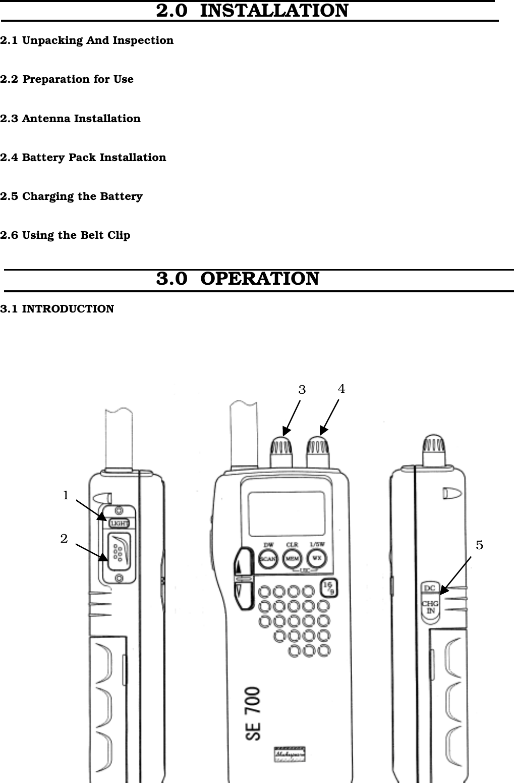 - 3 -2.0  INSTALLATION2.1 Unpacking And Inspection2.2 Preparation for Use2.3 Antenna Installation2.4 Battery Pack Installation2.5 Charging the Battery2.6 Using the Belt Clip3.0  OPERATION3.1 INTRODUCTION51234