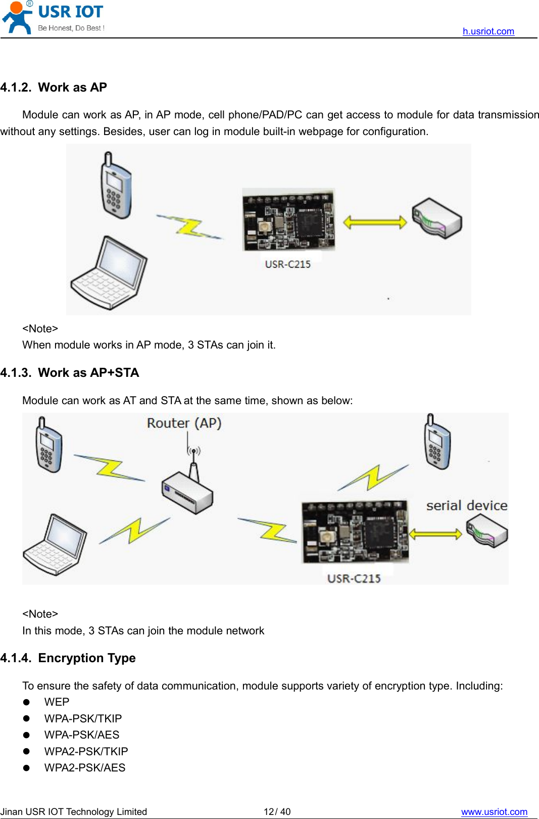 h.usriot.comJinan USR IOT Technology Limited / 40 www.usriot.com124.1.2. Work as APModule can work as AP, in AP mode, cell phone/PAD/PC can get access to module for data transmissionwithout any settings. Besides, user can log in module built-in webpage for configuration.&lt;Note&gt;When module works in AP mode, 3 STAs can join it.4.1.3. Work as AP+STAModule can work as AT and STA at the same time, shown as below:&lt;Note&gt;In this mode, 3 STAs can join the module network4.1.4. Encryption TypeTo ensure the safety of data communication, module supports variety of encryption type. Including:WEPWPA-PSK/TKIPWPA-PSK/AESWPA2-PSK/TKIPWPA2-PSK/AES