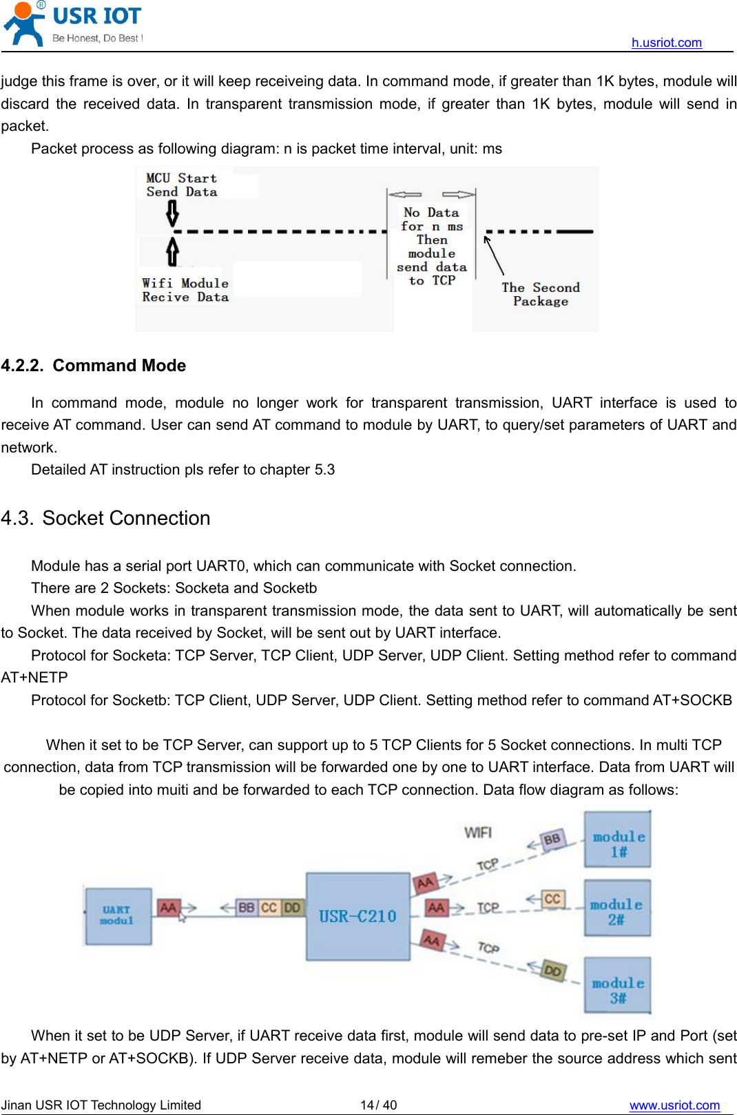 h.usriot.comJinan USR IOT Technology Limited / 40 www.usriot.com14judge this frame is over, or it will keep receiveing data. In command mode, if greater than 1K bytes, module willdiscard the received data. In transparent transmission mode, if greater than 1K bytes, module will send inpacket.Packet process as following diagram: n is packet time interval, unit: ms4.2.2. Command ModeIn command mode, module no longer work for transparent transmission, UART interface is used toreceive AT command. User can send AT command to module by UART, to query/set parameters of UART andnetwork.Detailed AT instruction pls refer to chapter 5.34.3. Socket ConnectionModule has a serial port UART0, which can communicate with Socket connection.There are 2 Sockets: Socketa and SocketbWhen module works in transparent transmission mode, the data sent to UART, will automatically be sentto Socket. The data received by Socket, will be sent out by UART interface.Protocol for Socketa: TCP Server, TCP Client, UDP Server, UDP Client. Setting method refer to commandAT+NETPProtocol for Socketb: TCP Client, UDP Server, UDP Client. Setting method refer to command AT+SOCKBWhen it set to be TCP Server, can support up to 5 TCP Clients for 5 Socket connections. In multi TCPconnection, data from TCP transmission will be forwarded one by one to UART interface. Data from UART willbe copied into muiti and be forwarded to each TCP connection. Data flow diagram as follows:When it set to be UDP Server, if UART receive data first, module will send data to pre-set IP and Port (setby AT+NETP or AT+SOCKB). If UDP Server receive data, module will remeber the source address which sent