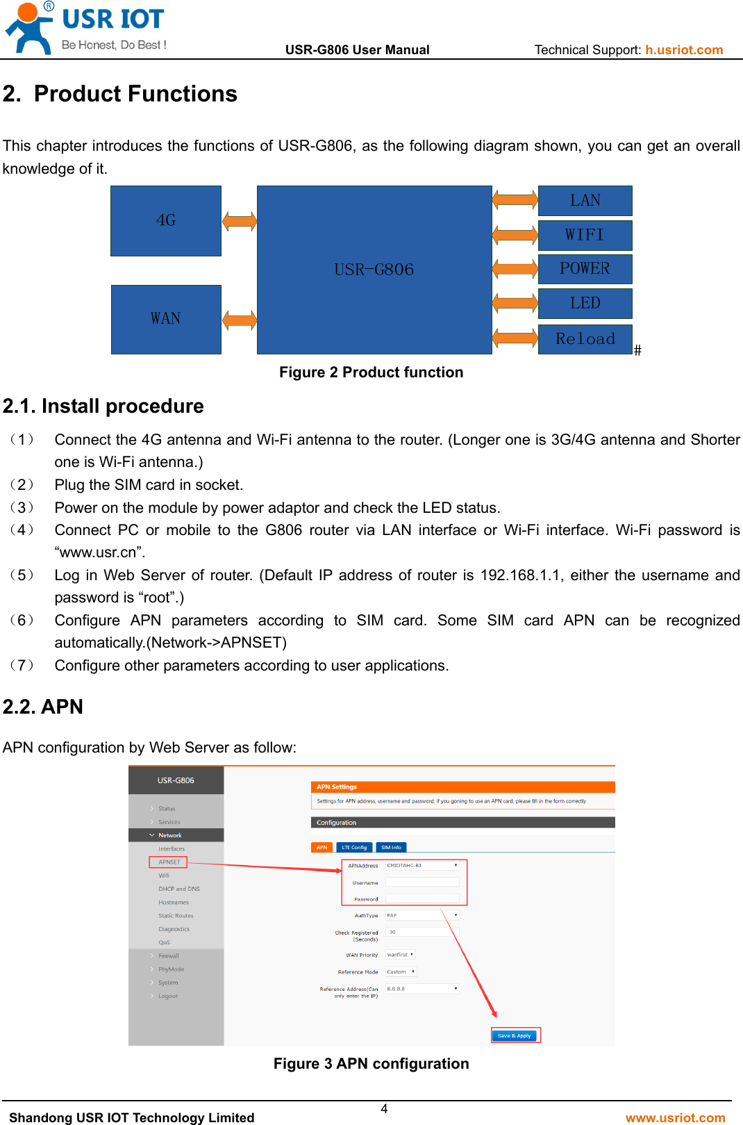                  USR-G806 User Manual                Technical Support: h.usriot.com   Shandong USR IOT Technology Limited                                                         www.usriot.com 42. Product Functions This chapter introduces the functions of USR-G806, as the following diagram shown, you can get an overall knowledge of it. Figure 2 Product function 2.1. Install procedure （1）  Connect the 4G antenna and Wi-Fi antenna to the router. (Longer one is 3G/4G antenna and Shorter one is Wi-Fi antenna.) （2）  Plug the SIM card in socket. （3）  Power on the module by power adaptor and check the LED status. （4）  Connect PC or mobile to the G806 router via LAN interface or Wi-Fi interface. Wi-Fi password is “www.usr.cn”. （5）  Log in Web Server of router. (Default IP address of router is 192.168.1.1, either the username and password is “root”.) （6）  Configure APN parameters according to SIM card. Some SIM card APN can be recognized automatically.(Network-&gt;APNSET) （7）  Configure other parameters according to user applications. 2.2. APN APN configuration by Web Server as follow:  Figure 3 APN configuration 