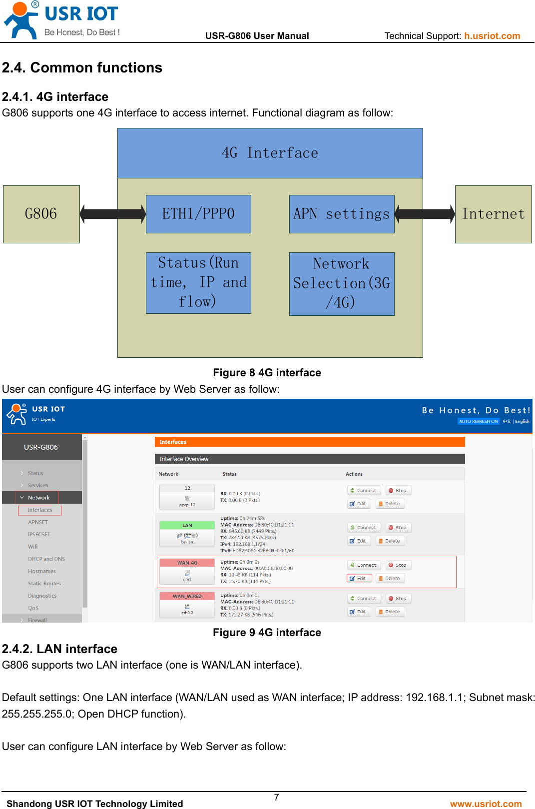                  USR-G806 User Manual                Technical Support: h.usriot.com   Shandong USR IOT Technology Limited                                                         www.usriot.com 72.4. Common functions 2.4.1. 4G interface G806 supports one 4G interface to access internet. Functional diagram as follow: Internet4G InterfaceETH1/PPP0Network Selection(3G/4G)APN settingsStatus(Runtime, IP and flow)G806 Figure 8 4G interface User can configure 4G interface by Web Server as follow:  Figure 9 4G interface 2.4.2. LAN interface G806 supports two LAN interface (one is WAN/LAN interface).  Default settings: One LAN interface (WAN/LAN used as WAN interface; IP address: 192.168.1.1; Subnet mask:   255.255.255.0; Open DHCP function).  User can configure LAN interface by Web Server as follow: 