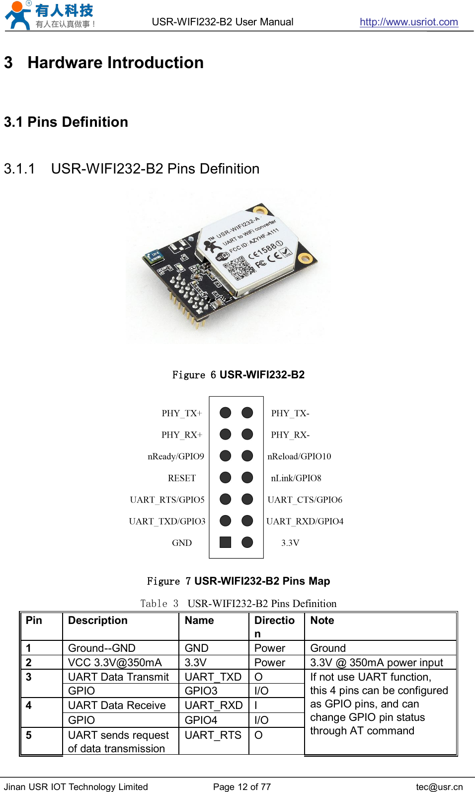 USR-WIFI232-B2 User Manual http://www.usriot.comJinan USR IOT Technology Limited Page 12 of 77 tec@usr.cn3 Hardware Introduction3.1 Pins Definition3.1.1 USR-WIFI232-B2 Pins DefinitionFigure 6 USR-WIFI232-B2Figure 7 USR-WIFI232-B2 Pins MapTable 3 USR-WIFI232-B2 Pins DefinitionPinDescriptionNameDirectionNote1Ground--GNDGNDPowerGround2VCC 3.3V@350mA3.3VPower3.3V @ 350mA power input3UART Data TransmitUART_TXDOIf not use UART function,this 4 pins can be configuredas GPIO pins, and canchange GPIO pin statusthrough AT commandGPIOGPIO3I/O4UART Data ReceiveUART_RXDIGPIOGPIO4I/O5UART sends requestof data transmissionUART_RTSO