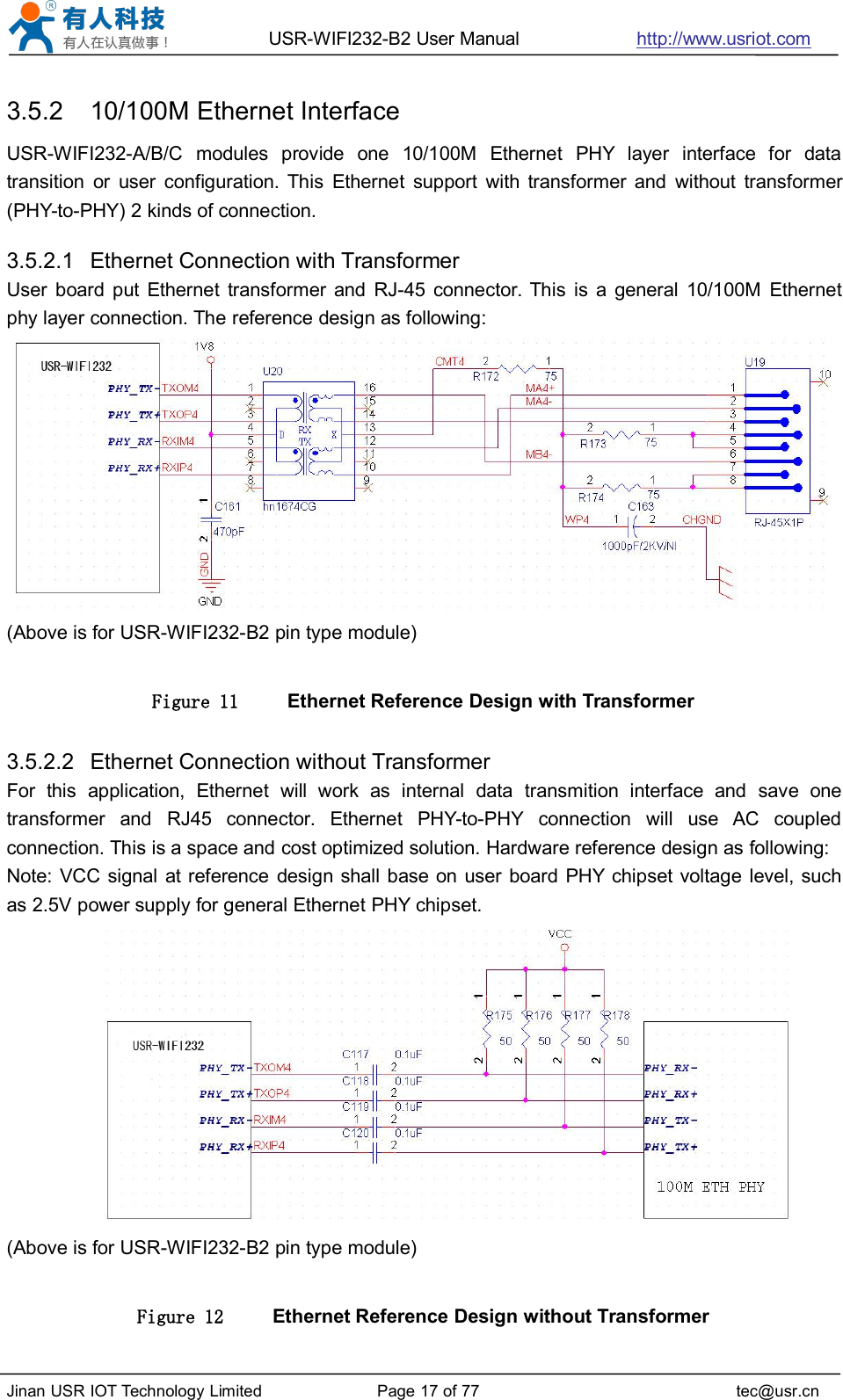 USR-WIFI232-B2 User Manual http://www.usriot.comJinan USR IOT Technology Limited Page 17 of 77 tec@usr.cn3.5.2 10/100M Ethernet InterfaceUSR-WIFI232-A/B/C modules provide one 10/100M Ethernet PHY layer interface for datatransition or user configuration. This Ethernet support with transformer and without transformer(PHY-to-PHY) 2 kinds of connection.3.5.2.1 Ethernet Connection with TransformerUser board put Ethernet transformer and RJ-45 connector. This is a general 10/100M Ethernetphy layer connection. The reference design as following:(Above is for USR-WIFI232-B2 pin type module)Figure 11 Ethernet Reference Design with Transformer3.5.2.2 Ethernet Connection without TransformerFor this application, Ethernet will work as internal data transmition interface and save onetransformer and RJ45 connector. Ethernet PHY-to-PHY connection will use AC coupledconnection. This is a space and cost optimized solution. Hardware reference design as following:Note: VCC signal at reference design shall base on user board PHY chipset voltage level, suchas 2.5V power supply for general Ethernet PHY chipset.(Above is for USR-WIFI232-B2 pin type module)Figure 12 Ethernet Reference Design without Transformer