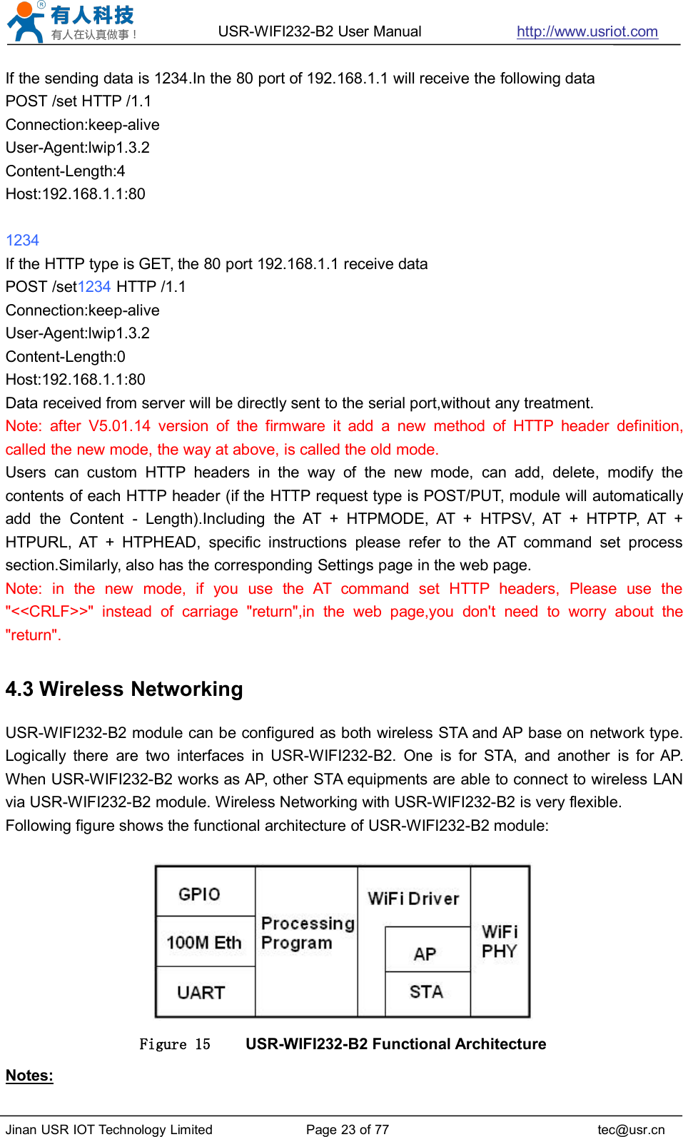 USR-WIFI232-B2 User Manual http://www.usriot.comJinan USR IOT Technology Limited Page 23 of 77 tec@usr.cnIf the sending data is 1234.In the 80 port of 192.168.1.1 will receive the following dataPOST /set HTTP /1.1Connection:keep-aliveUser-Agent:lwip1.3.2Content-Length:4Host:192.168.1.1:801234If the HTTP type is GET, the 80 port 192.168.1.1 receive dataPOST /set1234 HTTP /1.1Connection:keep-aliveUser-Agent:lwip1.3.2Content-Length:0Host:192.168.1.1:80Data received from server will be directly sent to the serial port,without any treatment.Note: after V5.01.14 version of the firmware it add a new method of HTTP header definition,called the new mode, the way at above, is called the old mode.Users can custom HTTP headers in the way of the new mode, can add, delete, modify thecontents of each HTTP header (if the HTTP request type is POST/PUT, module will automaticallyadd the Content - Length).Including the AT + HTPMODE, AT + HTPSV, AT + HTPTP, AT +HTPURL, AT + HTPHEAD, specific instructions please refer to the AT command set processsection.Similarly, also has the corresponding Settings page in the web page.Note: in the new mode, if you use the AT command set HTTP headers, Please use the&quot;&lt;&lt;CRLF&gt;&gt;&quot; instead of carriage &quot;return&quot;,in the web page,you don&apos;t need to worry about the&quot;return&quot;.4.3 Wireless NetworkingUSR-WIFI232-B2 module can be configured as both wireless STA and AP base on network type.Logically there are two interfaces in USR-WIFI232-B2. One is for STA, and another is for AP.When USR-WIFI232-B2 works as AP, other STA equipments are able to connect to wireless LANvia USR-WIFI232-B2 module. Wireless Networking with USR-WIFI232-B2 is very flexible.Following figure shows the functional architecture of USR-WIFI232-B2 module:Figure 15 USR-WIFI232-B2 Functional ArchitectureNotes: