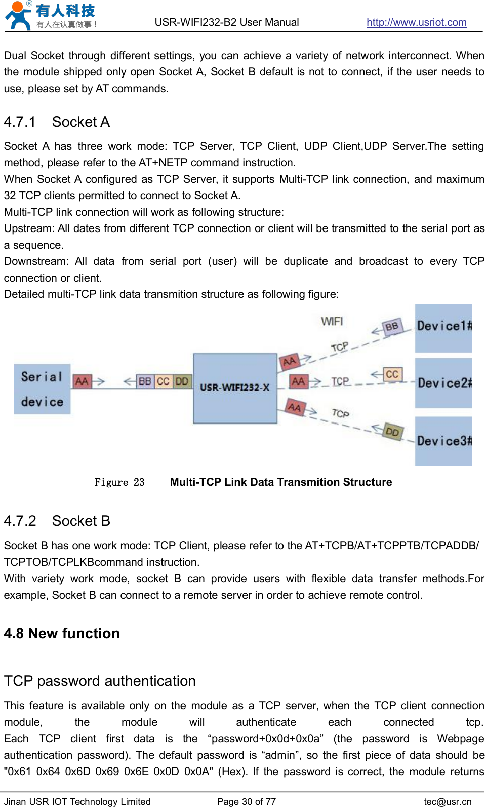 USR-WIFI232-B2 User Manual http://www.usriot.comJinan USR IOT Technology Limited Page 30 of 77 tec@usr.cnDual Socket through different settings, you can achieve a variety of network interconnect. Whenthe module shipped only open Socket A, Socket B default is not to connect, if the user needs touse, please set by AT commands.4.7.1 Socket ASocket A has three work mode: TCP Server, TCP Client, UDP Client,UDP Server.The settingmethod, please refer to the AT+NETP command instruction.When Socket A configured as TCP Server, it supports Multi-TCP link connection, and maximum32 TCP clients permitted to connect to Socket A.Multi-TCP link connection will work as following structure:Upstream: All dates from different TCP connection or client will be transmitted to the serial port asa sequence.Downstream: All data from serial port (user) will be duplicate and broadcast to every TCPconnection or client.Detailed multi-TCP link data transmition structure as following figure:Figure 23 Multi-TCP Link Data Transmition Structure4.7.2 Socket BSocket B has one work mode: TCP Client, please refer to the AT+TCPB/AT+TCPPTB/TCPADDB/TCPTOB/TCPLKBcommand instruction.With variety work mode, socket B can provide users with flexible data transfer methods.Forexample, Socket B can connect to a remote server in order to achieve remote control.4.8 New functionTCP password authenticationThis feature is available only on the module as a TCP server, when the TCP client connectionmodule, the module will authenticate each connected tcp.Each TCP client first data is the “password+0x0d+0x0a” (the password is Webpageauthentication password). The default password is “admin”, so the first piece of data should be&quot;0x61 0x64 0x6D 0x69 0x6E 0x0D 0x0A&quot; (Hex). If the password is correct, the module returns