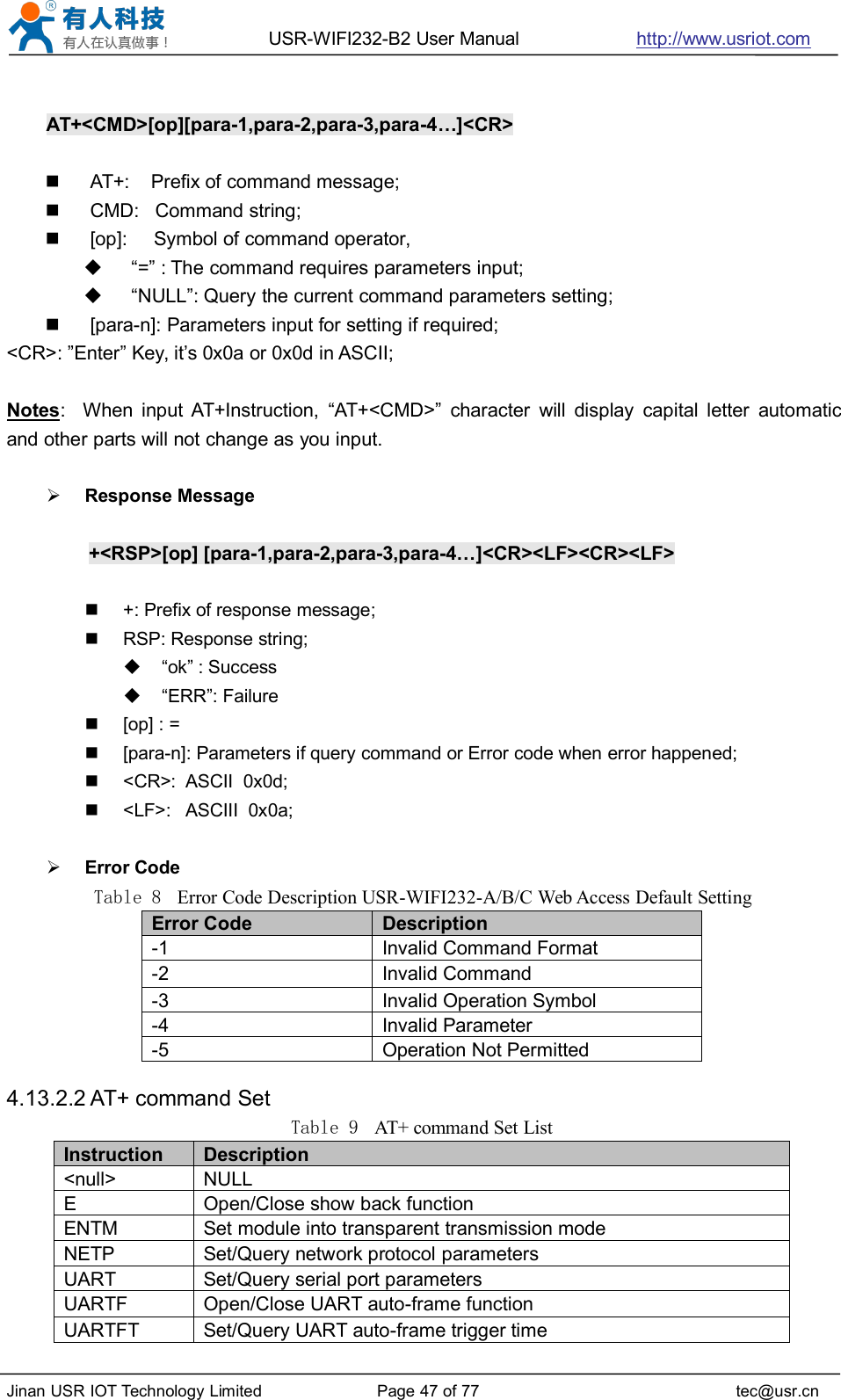 USR-WIFI232-B2 User Manual http://www.usriot.comJinan USR IOT Technology Limited Page 47 of 77 tec@usr.cnAT+&lt;CMD&gt;[op][para-1,para-2,para-3,para-4…]&lt;CR&gt;AT+: Prefix of command message;CMD: Command string;[op]: Symbol of command operator,“=” : The command requires parameters input;“NULL”: Query the current command parameters setting;[para-n]: Parameters input for setting if required;&lt;CR&gt;: ”Enter” Key, it’s 0x0a or 0x0d in ASCII;Notes: When input AT+Instruction, “AT+&lt;CMD&gt;” character will display capital letter automaticand other parts will not change as you input.Response Message+&lt;RSP&gt;[op] [para-1,para-2,para-3,para-4…]&lt;CR&gt;&lt;LF&gt;&lt;CR&gt;&lt;LF&gt;+: Prefix of response message;RSP: Response string;“ok” : Success“ERR”: Failure[op] : =[para-n]: Parameters if query command or Error code when error happened;&lt;CR&gt;: ASCII 0x0d;&lt;LF&gt;: ASCIII 0x0a;Error CodeTable 8 Error Code Description USR-WIFI232-A/B/C Web Access Default SettingError CodeDescription-1Invalid Command Format-2Invalid Command-3Invalid Operation Symbol-4Invalid Parameter-5Operation Not Permitted4.13.2.2 AT+ command SetTable 9 AT+ command Set ListInstructionDescription&lt;null&gt;NULLEOpen/Close show back functionENTMSet module into transparent transmission modeNETPSet/Query network protocol parametersUARTSet/Query serial port parametersUARTFOpen/Close UART auto-frame functionUARTFTSet/Query UART auto-frame trigger time