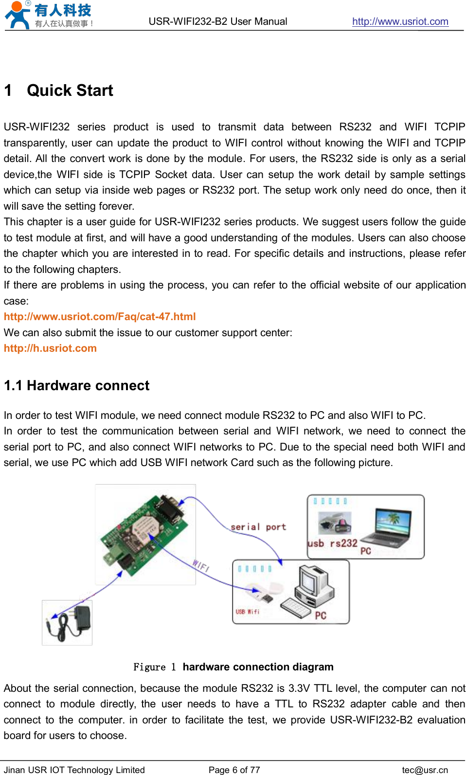 USR-WIFI232-B2 User Manual http://www.usriot.comJinan USR IOT Technology Limited Page 6 of 77 tec@usr.cn1 Quick StartUSR-WIFI232 series product is used to transmit data between RS232 and WIFI TCPIPtransparently, user can update the product to WIFI control without knowing the WIFI and TCPIPdetail. All the convert work is done by the module. For users, the RS232 side is only as a serialdevice,the WIFI side is TCPIP Socket data. User can setup the work detail by sample settingswhich can setup via inside web pages or RS232 port. The setup work only need do once, then itwill save the setting forever.This chapter is a user guide for USR-WIFI232 series products. We suggest users follow the guideto test module at first, and will have a good understanding of the modules. Users can also choosethe chapter which you are interested in to read. For specific details and instructions, please referto the following chapters.If there are problems in using the process, you can refer to the official website of our applicationcase:http://www.usriot.com/Faq/cat-47.htmlWe can also submit the issue to our customer support center:http://h.usriot.com1.1 Hardware connectIn order to test WIFI module, we need connect module RS232 to PC and also WIFI to PC.In order to test the communication between serial and WIFI network, we need to connect theserial port to PC, and also connect WIFI networks to PC. Due to the special need both WIFI andserial, we use PC which add USB WIFI network Card such as the following picture.Figure 1 hardware connection diagramAbout the serial connection, because the module RS232 is 3.3V TTL level, the computer can notconnect to module directly, the user needs to have a TTL to RS232 adapter cable and thenconnect to the computer. in order to facilitate the test, we provide USR-WIFI232-B2 evaluationboard for users to choose.