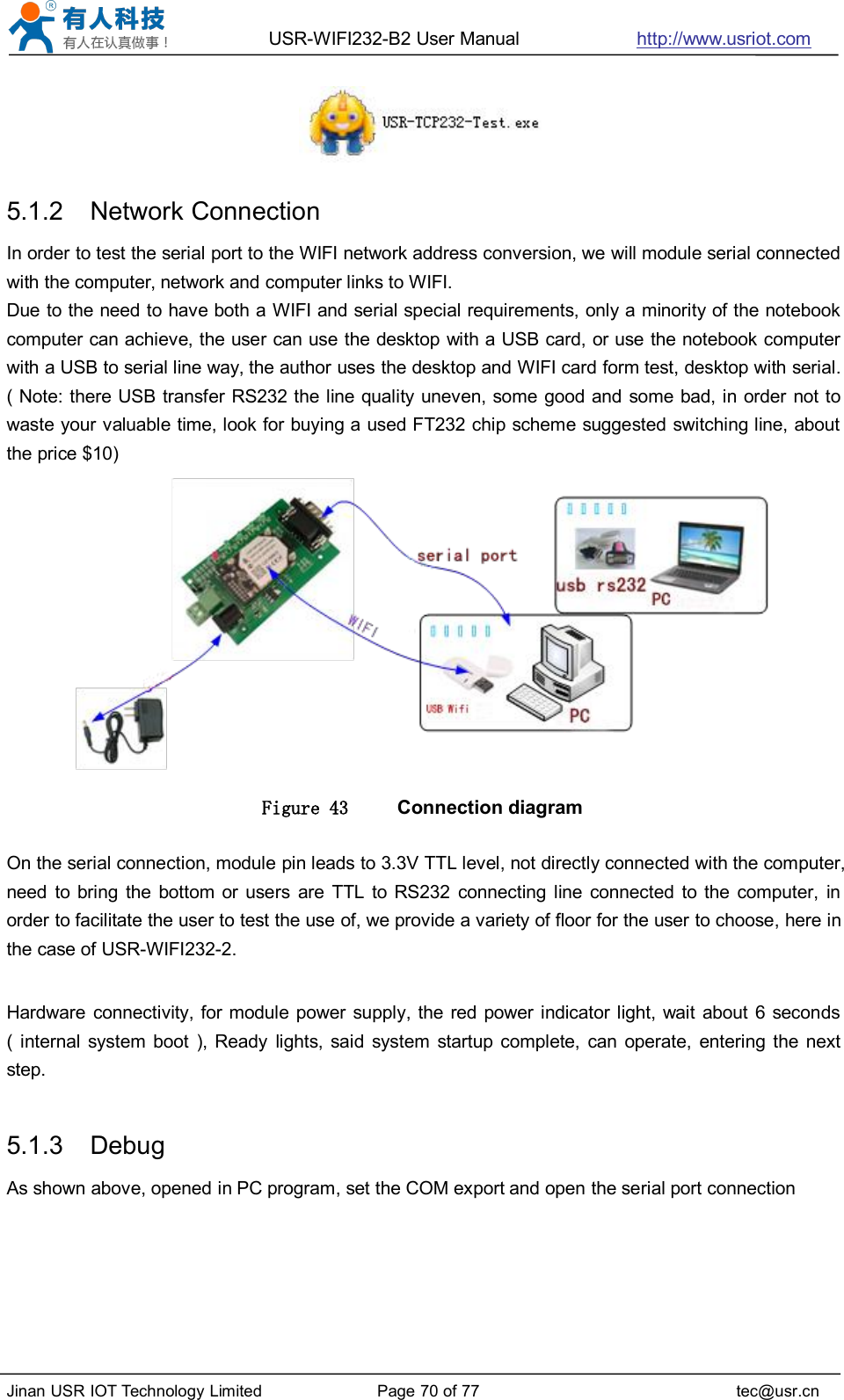 USR-WIFI232-B2 User Manual http://www.usriot.comJinan USR IOT Technology Limited Page 70 of 77 tec@usr.cn5.1.2 Network ConnectionIn order to test the serial port to the WIFI network address conversion, we will module serial connectedwith the computer, network and computer links to WIFI.Due to the need to have both a WIFI and serial special requirements, only a minority of the notebookcomputer can achieve, the user can use the desktop with a USB card, or use the notebook computerwith a USB to serial line way, the author uses the desktop and WIFI card form test, desktop with serial.( Note: there USB transfer RS232 the line quality uneven, some good and some bad, in order not towaste your valuable time, look for buying a used FT232 chip scheme suggested switching line, aboutthe price $10)Figure 43 Connection diagramOn the serial connection, module pin leads to 3.3V TTL level, not directly connected with the computer,need to bring the bottom or users are TTL to RS232 connecting line connected to the computer, inorder to facilitate the user to test the use of, we provide a variety of floor for the user to choose, here inthe case of USR-WIFI232-2.Hardware connectivity, for module power supply, the red power indicator light, wait about 6 seconds( internal system boot ), Ready lights, said system startup complete, can operate, entering the nextstep.5.1.3 DebugAs shown above, opened in PC program, set the COM export and open the serial port connection