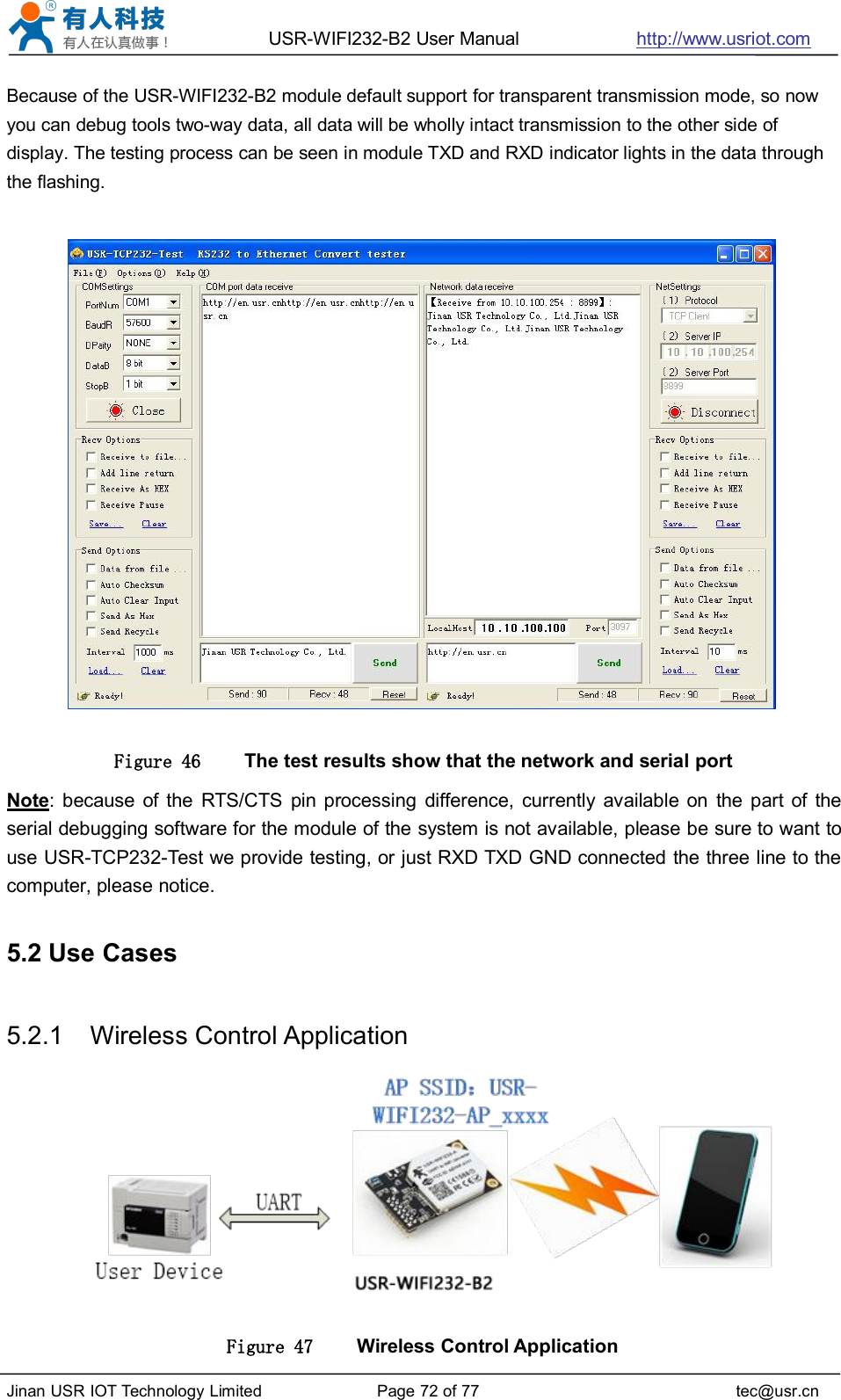 USR-WIFI232-B2 User Manual http://www.usriot.comJinan USR IOT Technology Limited Page 72 of 77 tec@usr.cnBecause of the USR-WIFI232-B2 module default support for transparent transmission mode, so nowyou can debug tools two-way data, all data will be wholly intact transmission to the other side ofdisplay. The testing process can be seen in module TXD and RXD indicator lights in the data throughthe flashing.Figure 46 The test results show that the network and serial portNote: because of the RTS/CTS pin processing difference, currently available on the part of theserial debugging software for the module of the system is not available, please be sure to want touse USR-TCP232-Test we provide testing, or just RXD TXD GND connected the three line to thecomputer, please notice.5.2 Use Cases5.2.1 Wireless Control ApplicationFigure 47 Wireless Control Application