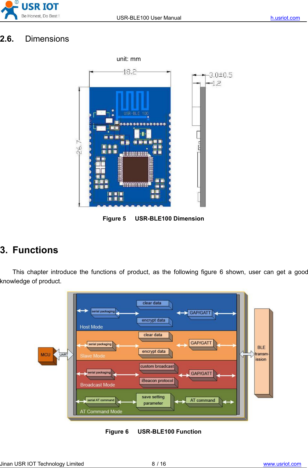 USR-BLE100 User Manual h.usriot.comJinan USR IOT Technology Limited / 16 www.usriot.com82.6. Dimensionsunit: mmFigure 5 USR-BLE100 Dimension3. FunctionsThis chapter introduce the functions of product, as the following figure 6 shown, user can get a goodknowledge of product.Figure 6 USR-BLE100 Function