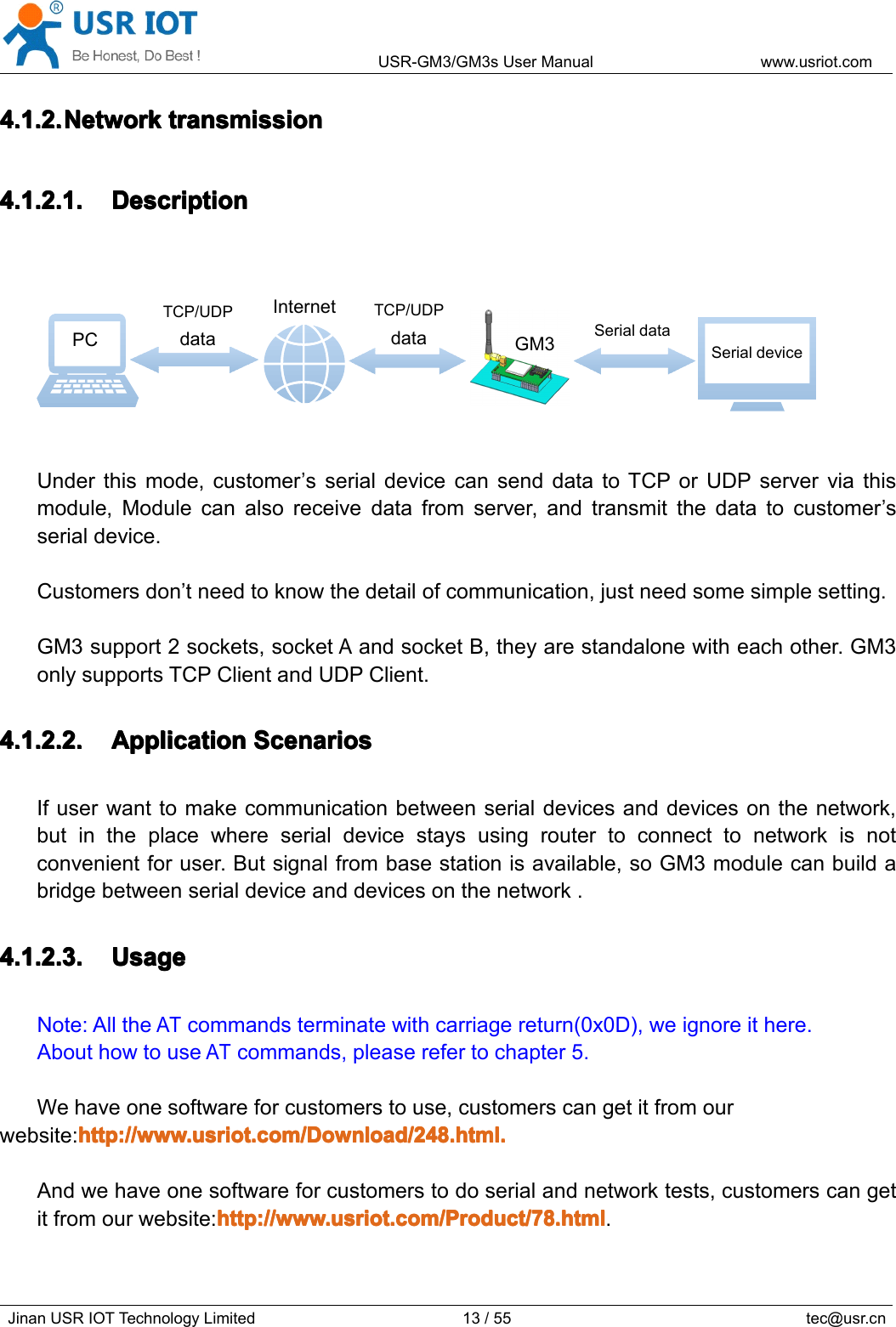 USR-GM3/GM3sUserManualwww.usriot.comJinanUSRIOTTechnologyLimited13/55tec@usr.cn4.1.2.4.1.2.4.1.2.4.1.2.NetworkN etworkNetworkNetworktransmissiont ransmissiontransmissiontransmission4.1.2.1.4.1.2.1.4.1.2.1.4.1.2.1.DescriptionD escriptionDescriptionDescriptionUnderthismode,customer’sserialdevicecansenddatatoTCPorUDPserverviathismodule,Modulecanalsoreceivedatafromserver,andtransmitthedatatocustomer’sserialdevice.Customersdon’tneedtoknowthedetailofcommunication,justneedsomesimplesetting.GM3support2sockets,socketAandsocketB,theyarestandalonewitheachother.GM3onlysupportsTCPClientandUDPClient.4.1.2.2.4.1.2.2.4.1.2.2.4.1.2.2.ApplicationA pplicationApplicationApplicationScenariosS cenariosScenariosScenariosIfuserwanttomakecommunicationbetweenserialdevicesanddevicesonthenetwork,butintheplacewhereserialdevicestaysusingroutertoconnecttonetworkisnotconvenientforuser.Butsignalfrombasestationisavailable,soGM3modulecanbuildabridgebetweenserialdeviceanddevicesonthenetwork.4.1.2.3.4.1.2.3.4.1.2.3.4.1.2.3.UsageU sageUsageUsageNote:AlltheATcommandsterminatewithcarriagereturn(0x0D),weignoreithere.AbouthowtouseATcommands,pleaserefertochapter5.Wehaveonesoftwareforcustomerstouse,customerscangetitfromourwebsite:http://www.usriot.com/Download/248.html.http://www.usriot.com/Download/248.html.http://www.usriot.com/Download/248.html.http://www.usriot.com/Download/248.html.Andwehaveonesoftwareforcustomerstodoserialandnetworktests,customerscangetitfromourwebsite:http://www.usriot.com/Product/78.htmlh ttp://www.usriot.com/Product/78.htmlhttp://www.usriot.com/Product/78.htmlhttp://www.usriot.com/Product/78.html.TCP/UDPdataSerialdataGM3TCP/UDPdataInternetPCSerialdevice