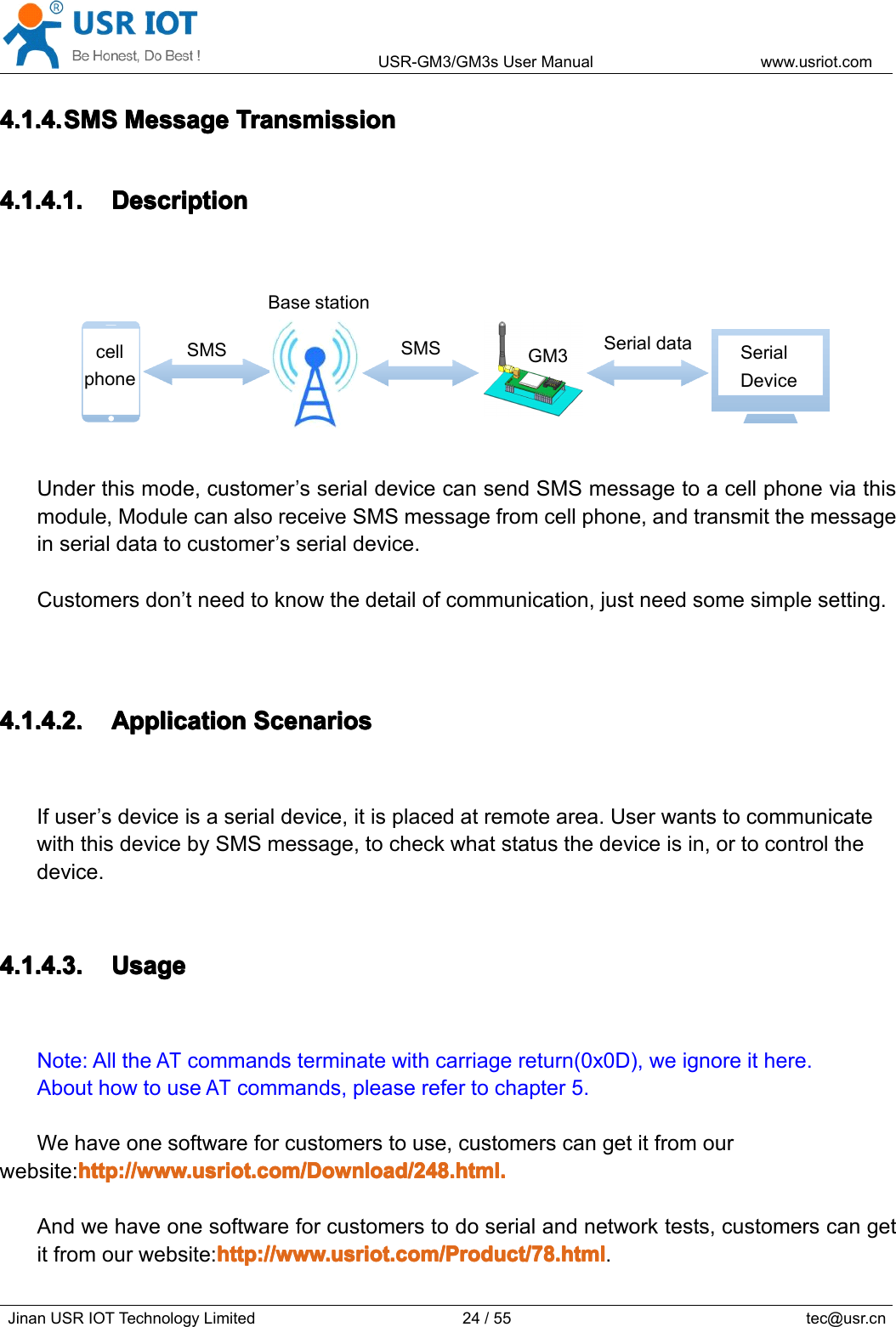 USR-GM3/GM3sUserManualwww.usriot.comJinanUSRIOTTechnologyLimited24/55tec@usr.cn4.1.4.4.1.4.4.1.4.4.1.4.SMSS MSSMSSMSMessageM essageMessageMessageTransmissionT ransmissionTransmissionTransmission4.1.4.1.4.1.4.1.4.1.4.1.4.1.4.1.DescriptionD escriptionDescriptionDescriptionUnderthismode,customer’sserialdevicecansendSMSmessagetoacellphoneviathismodule,ModulecanalsoreceiveSMSmessagefromcellphone,andtransmitthemessageinserialdatatocustomer’sserialdevice.Customersdon’tneedtoknowthedetailofcommunication,justneedsomesimplesetting.4.1.4.2.4.1.4.2.4.1.4.2.4.1.4.2.ApplicationA pplicationApplicationApplicationScenariosS cenariosScenariosScenariosIfuser’sdeviceisaserialdevice,itisplacedatremotearea.UserwantstocommunicatewiththisdevicebySMSmessage,tocheckwhatstatusthedeviceisin,ortocontrolthedevice.4.1.4.3.4.1.4.3.4.1.4.3.4.1.4.3.UsageU sageUsageUsageNote:AlltheATcommandsterminatewithcarriagereturn(0x0D),weignoreithere.AbouthowtouseATcommands,pleaserefertochapter5.Wehaveonesoftwareforcustomerstouse,customerscangetitfromourwebsite:http://www.usriot.com/Download/248.html.http://www.usriot.com/Download/248.html.http://www.usriot.com/Download/248.html.http://www.usriot.com/Download/248.html.Andwehaveonesoftwareforcustomerstodoserialandnetworktests,customerscangetitfromourwebsite:http://www.usriot.com/Product/78.htmlh ttp://www.usriot.com/Product/78.htmlhttp://www.usriot.com/Product/78.htmlhttp://www.usriot.com/Product/78.html.SMSSMSSerialdataGM3BasestationcellphoneSerialDevice