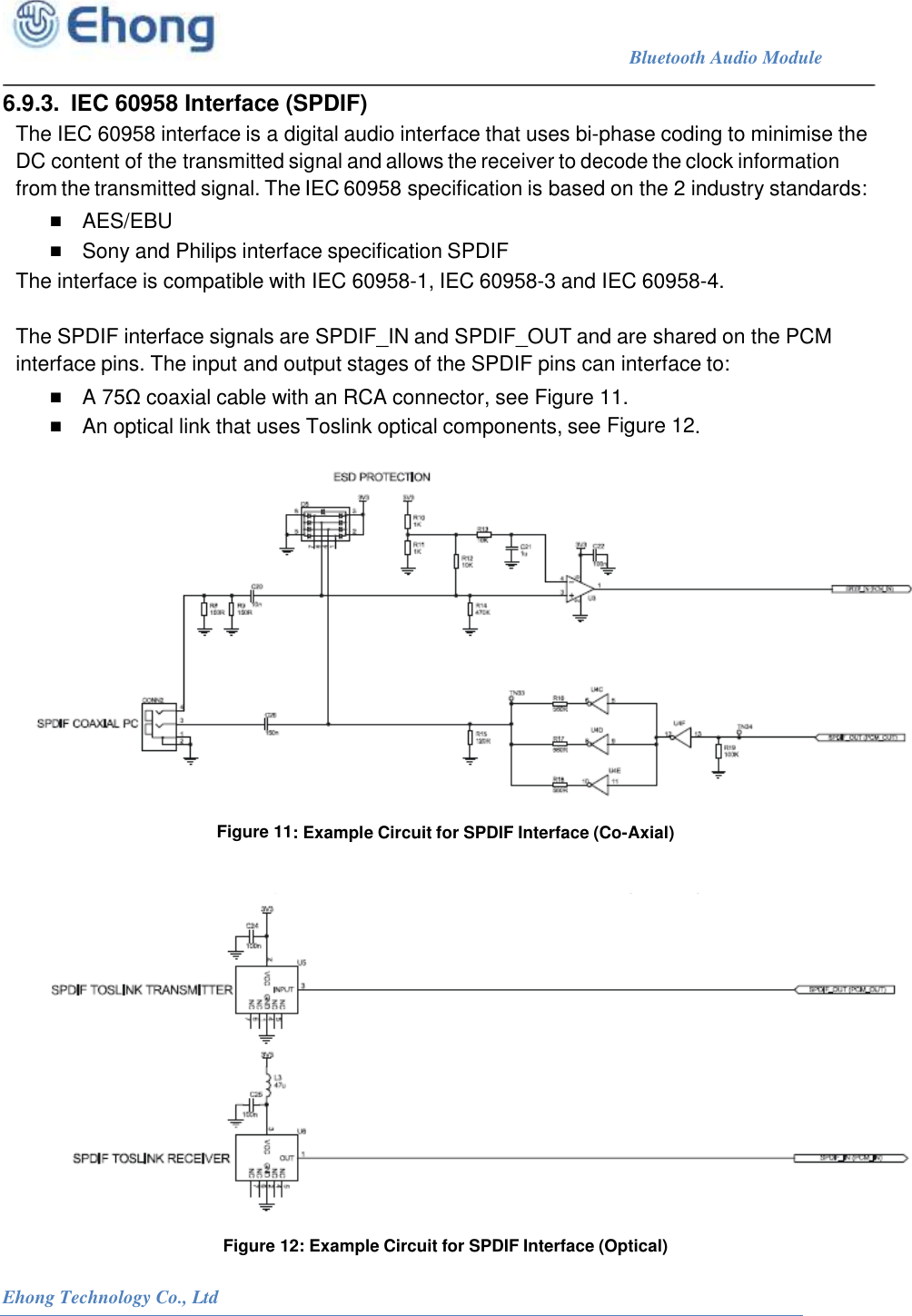                                                                             Bluetooth Audio Module                                                           Ehong Technology Co., Ltd   6.9.3.  IEC 60958 Interface (SPDIF) The IEC 60958 interface is a digital audio interface that uses bi-phase coding to minimise the DC content of the transmitted signal and allows the receiver to decode the clock information from the transmitted signal. The IEC 60958 specification is based on the 2 industry standards: ■ AES/EBU ■ Sony and Philips interface specification SPDIF The interface is compatible with IEC 60958-1, IEC 60958-3 and IEC 60958-4.  The SPDIF interface signals are SPDIF_IN and SPDIF_OUT and are shared on the PCM interface pins. The input and output stages of the SPDIF pins can interface to: ■ A 75&Omega; coaxial cable with an RCA connector, see Figure 11. ■ An optical link that uses Toslink optical components, see Figure 12.   Figure 11: Example Circuit for SPDIF Interface (Co-Axial)    Figure 12: Example Circuit for SPDIF Interface (Optical) 