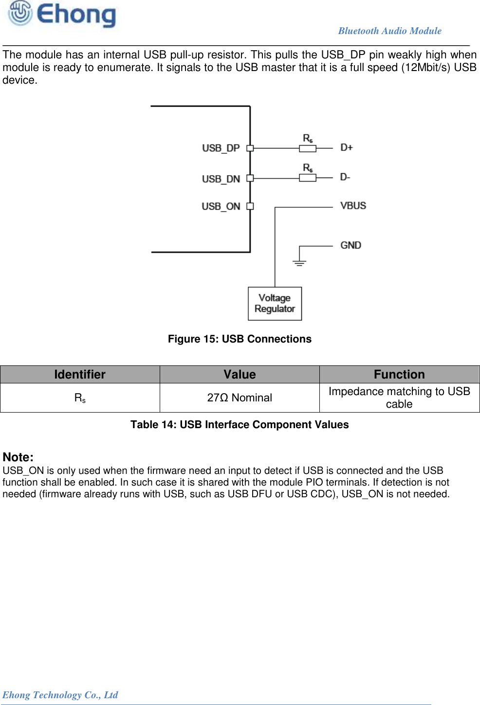                                                                             Bluetooth Audio Module                                                           Ehong Technology Co., Ltd   The module has an internal USB pull-up resistor. This pulls the USB_DP pin weakly high when module is ready to enumerate. It signals to the USB master that it is a full speed (12Mbit/s) USB device.    Figure 15: USB Connections  Identifier Value Function Rs 27Ω Nominal Impedance matching to USB cable Table 14: USB Interface Component Values  Note: USB_ON is only used when the firmware need an input to detect if USB is connected and the USB function shall be enabled. In such case it is shared with the module PIO terminals. If detection is not needed (firmware already runs with USB, such as USB DFU or USB CDC), USB_ON is not needed.    