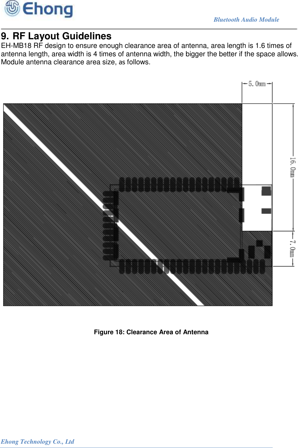                                                                             Bluetooth Audio Module                                                           Ehong Technology Co., Ltd   9. RF Layout Guidelines EH-MB18 RF design to ensure enough clearance area of antenna, area length is 1.6 times of antenna length, area width is 4 times of antenna width, the bigger the better if the space allows. Module antenna clearance area size, as follows.   Figure 18: Clearance Area of Antenna           