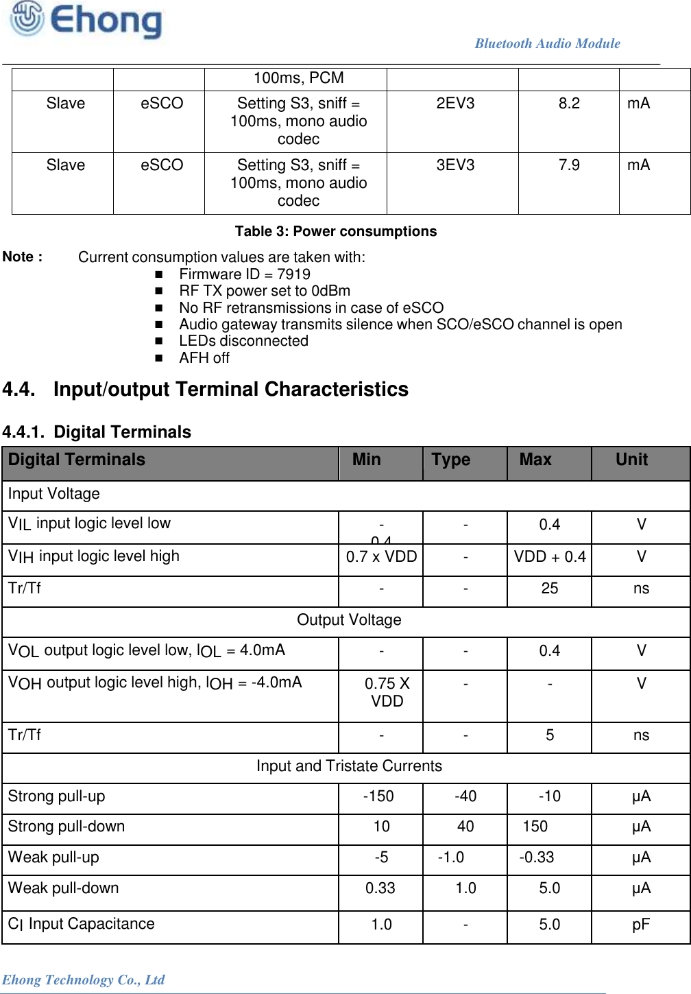                                                                             Bluetooth Audio Module                                                           Ehong Technology Co., Ltd   100ms, PCM Slave eSCO Setting S3, sniff = 100ms, mono audio codec 2EV3 8.2 mA Slave eSCO Setting S3, sniff = 100ms, mono audio codec 3EV3 7.9 mA Table 3: Power consumptions Note :         Current consumption values are taken with: ■ Firmware ID = 7919 ■ RF TX power set to 0dBm ■ No RF retransmissions in case of eSCO ■ Audio gateway transmits silence when SCO/eSCO channel is open ■ LEDs disconnected ■ AFH off 4.4.  Input/output Terminal Characteristics 4.4.1.  Digital Terminals Digital Terminals Min Type Max Unit Input Voltage VIL input logic level low -0.4 - 0.4 V VIH input logic level high 0.7 x VDD - VDD + 0.4 V Tr/Tf - - 25 ns Output Voltage VOL output logic level low, lOL = 4.0mA - - 0.4 V VOH output logic level high, lOH = -4.0mA 0.75 X VDD - - V Tr/Tf - - 5 ns Input and Tristate Currents Strong pull-up      -150 -40 -10 &mu;A Strong pull-down 10 40 150 &mu;A Weak pull-up -5 -1.0 -0.33 &mu;A Weak pull-down       0.33 1.0 5.0 &mu;A CI Input Capacitance 1.0 - 5.0 pF 