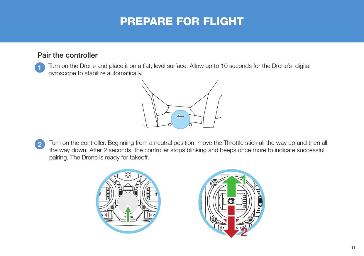 11Pair the controller Turn on the Drone and place it on a ﬂat, level surface. Allow up to 10 seconds for the Drone’s  digital gyroscope to stabilize automatically. PREPARE FOR FLIGHT12  Turn on the controller. Beginning from a neutral position, move the Throttle stick all the way up and then all the way down. After 2 seconds, the controller stops blinking and beeps once more to indicate successful pairing. The Drone is ready for takeoff.