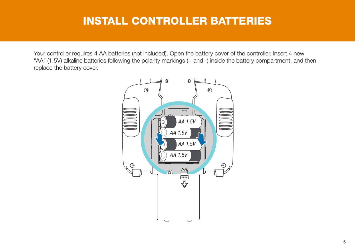 5INSTALL CONTROLLER BATTERIESYour controller requires 4 AA batteries (not included). Open the battery cover of the controller, insert 4 new “AA” (1.5V) alkaline batteries following the polarity markings (+ and -) inside the battery compartment, and then replace the battery cover.AA 1.5VAA 1.5VAA 1.5VAA 1.5V