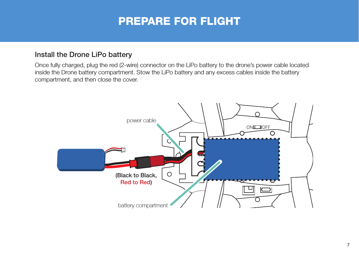 7PREPARE FOR FLIGHTInstall the Drone LiPo batteryOnce fully charged, plug the red (2-wire) connector on the LiPo battery to the drone’s power cable located inside the Drone battery compartment. Stow the LiPo battery and any excess cables inside the battery compartment, and then close the cover.power cablebattery compartment(Black to Black, Red to Red)