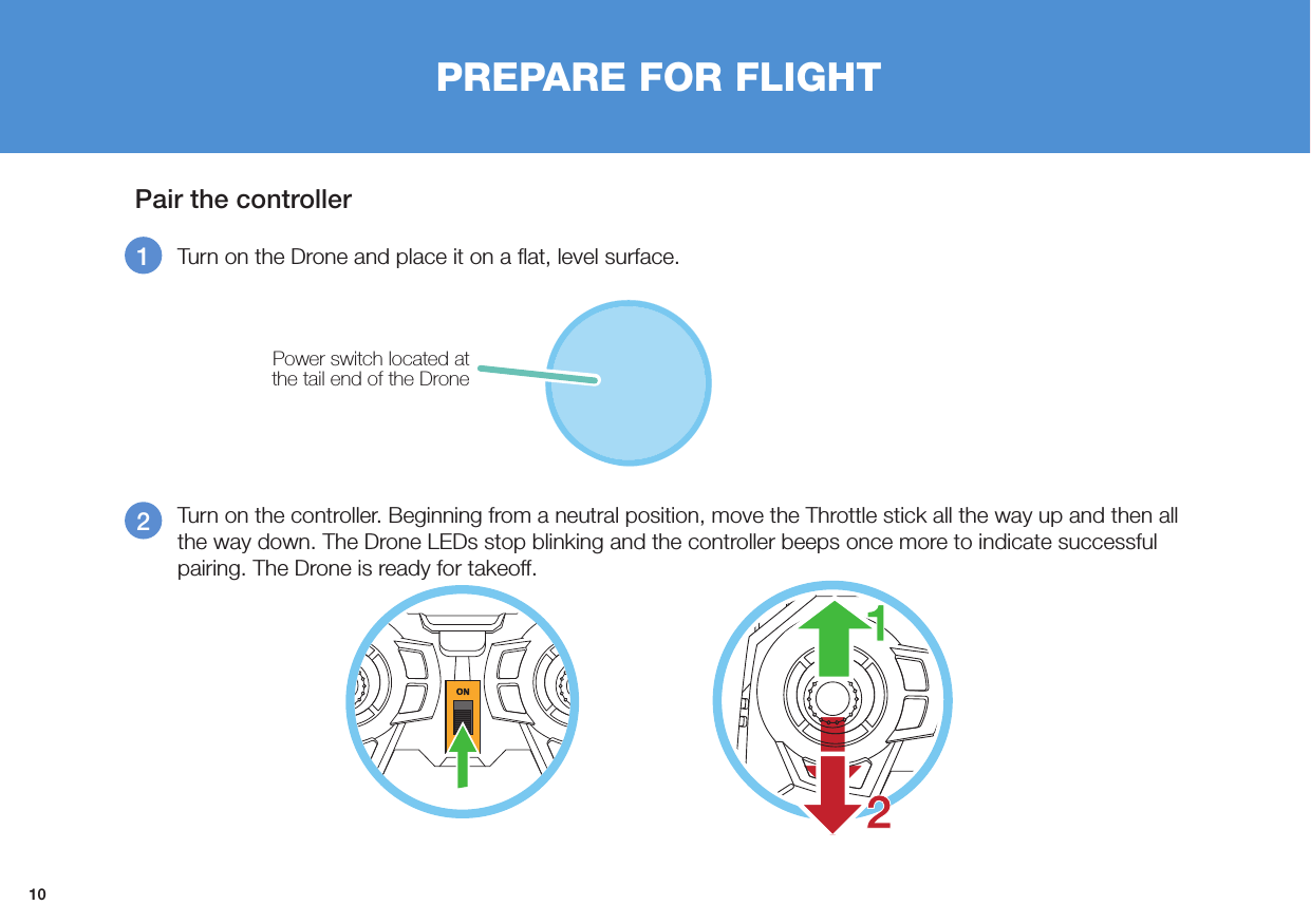 10Pair the controllerPREPARE FOR FLIGHT12  Turn on the controller. Beginning from a neutral position, move the Throttle stick all the way up and then all the way down. The Drone LEDs stop blinking and the controller beeps once more to indicate successful pairing. The Drone is ready for takeoff.Turn on the Drone and place it on a ﬂat, level surface.Power switch located at the tail end of the Drone