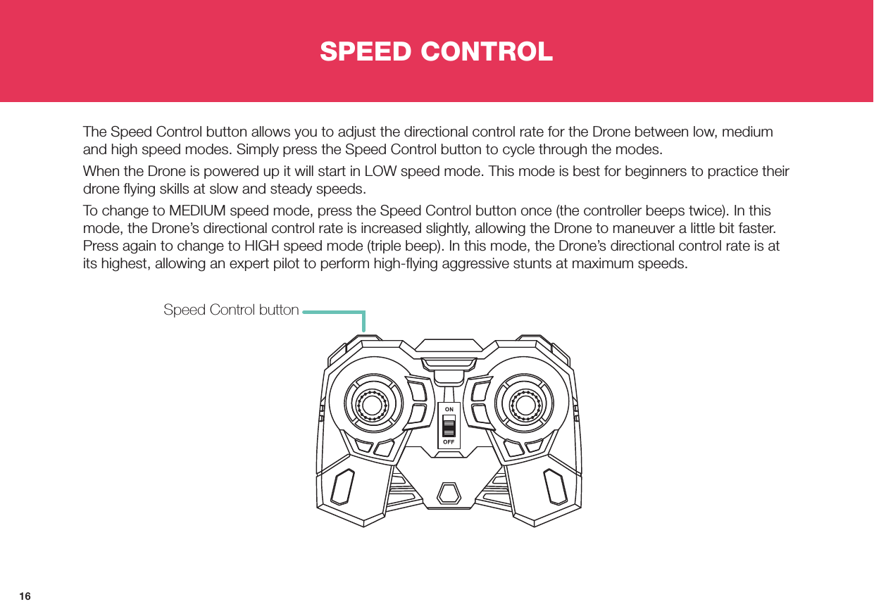 16SPEED CONTROLThe Speed Control button allows you to adjust the directional control rate for the Drone between low, medium and high speed modes. Simply press the Speed Control button to cycle through the modes.When the Drone is powered up it will start in LOW speed mode. This mode is best for beginners to practice their drone ﬂying skills at slow and steady speeds. To change to MEDIUM speed mode, press the Speed Control button once (the controller beeps twice). In this mode, the Drone’s directional control rate is increased slightly, allowing the Drone to maneuver a little bit faster. Press again to change to HIGH speed mode (triple beep). In this mode, the Drone’s directional control rate is at its highest, allowing an expert pilot to perform high-ﬂying aggressive stunts at maximum speeds.Speed Control button