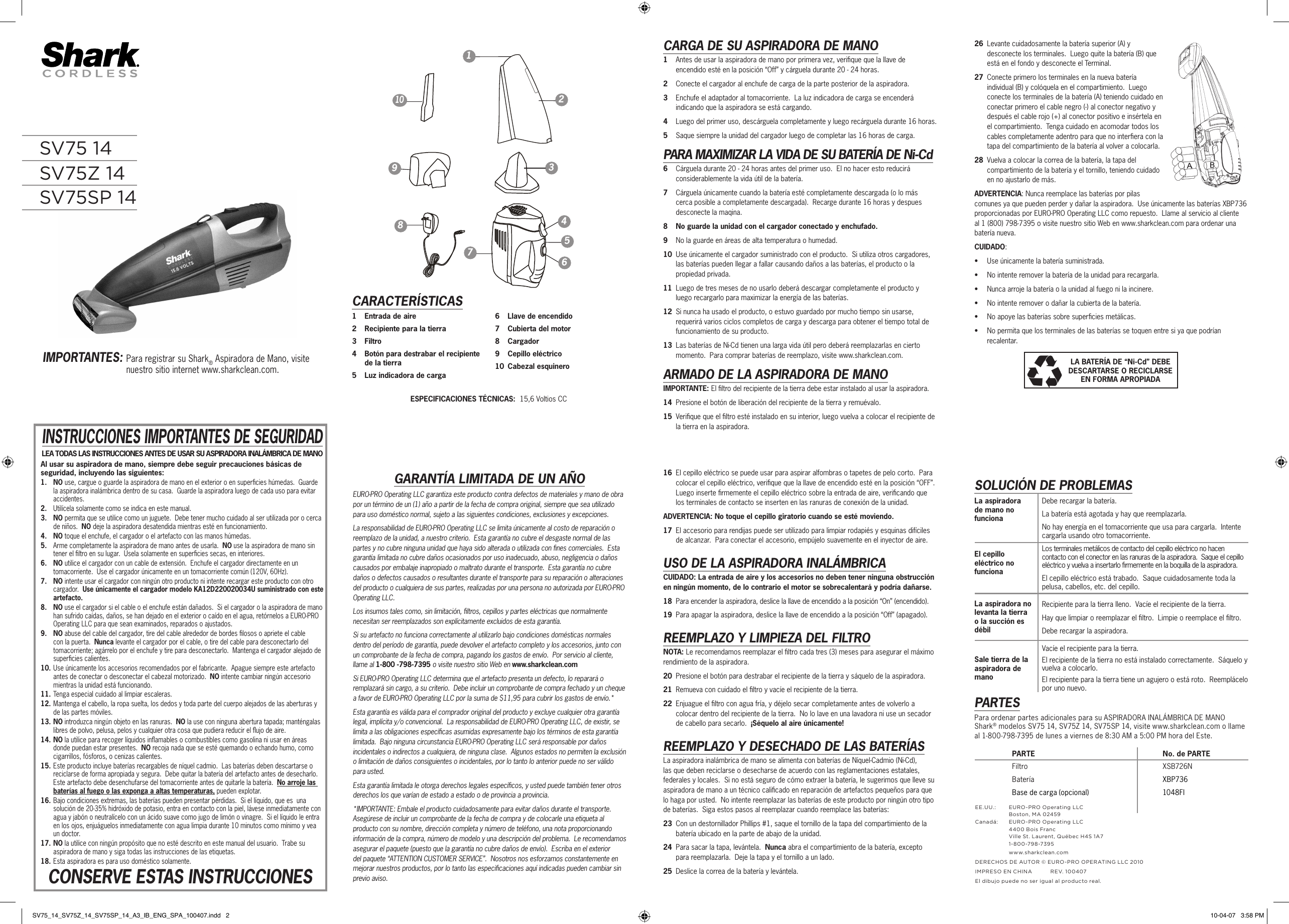 Page 2 of 2 - Shark Shark-Shark-Cordless-Pet-Perfect-Hand-Vac-Sv75-Users-Manual-  Shark-shark-cordless-pet-perfect-hand-vac-sv75-users-manual