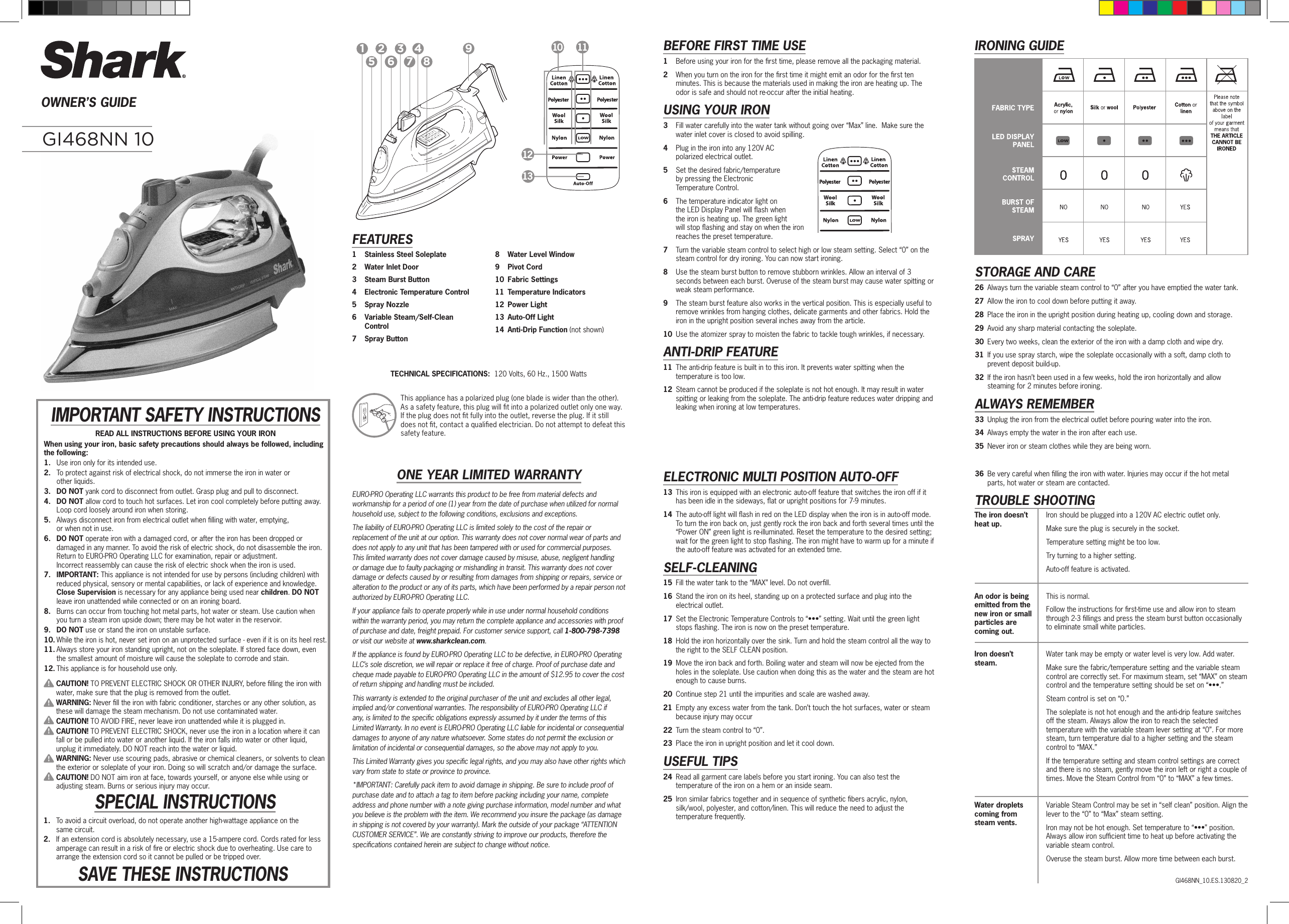 Page 1 of 2 - Shark Shark-Shark-Lightweight-Professional-Electronic-Iron-Gi468-Users-Manual-  Shark-shark-lightweight-professional-electronic-iron-gi468-users-manual