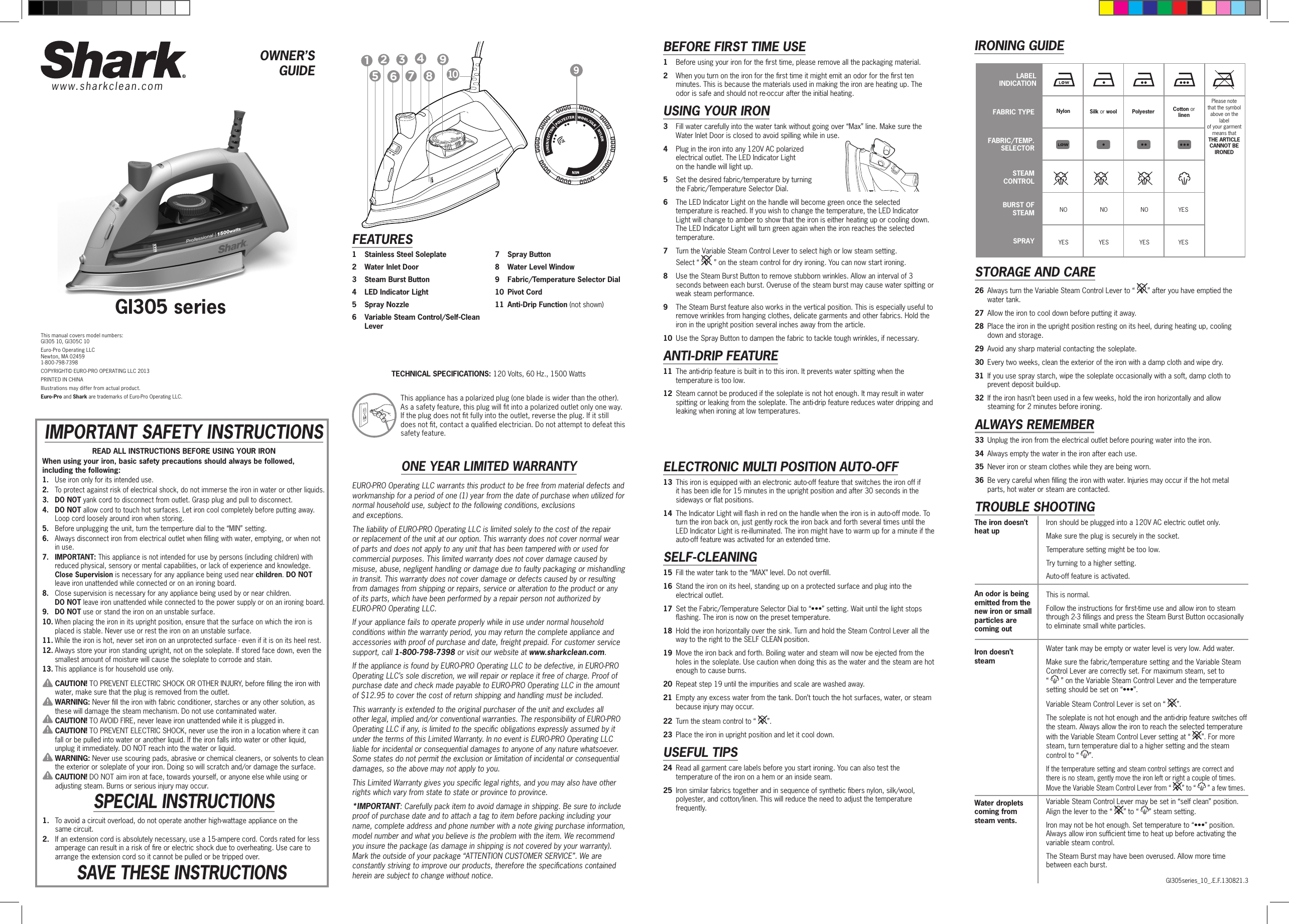 Page 1 of 2 - Shark Shark-Shark-Lightweight-Professional-Steam-Iron-Gi305-Users-Manual-  Shark-shark-lightweight-professional-steam-iron-gi305-users-manual