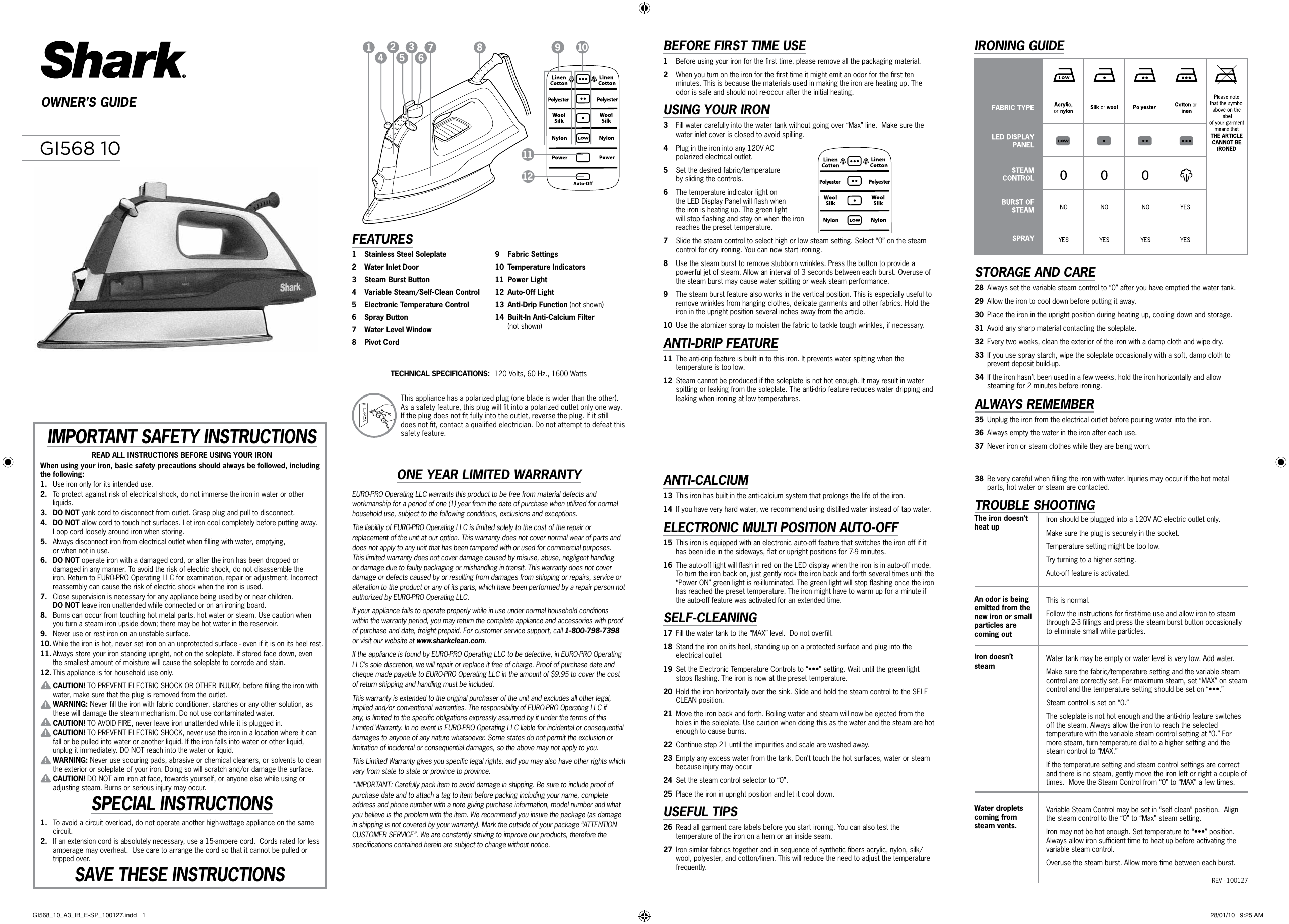 Page 1 of 2 - Shark Shark-Shark-Ultimate-Professional-Electronic-Iron-Gi568-Users-Manual-  Shark-shark-ultimate-professional-electronic-iron-gi568-users-manual